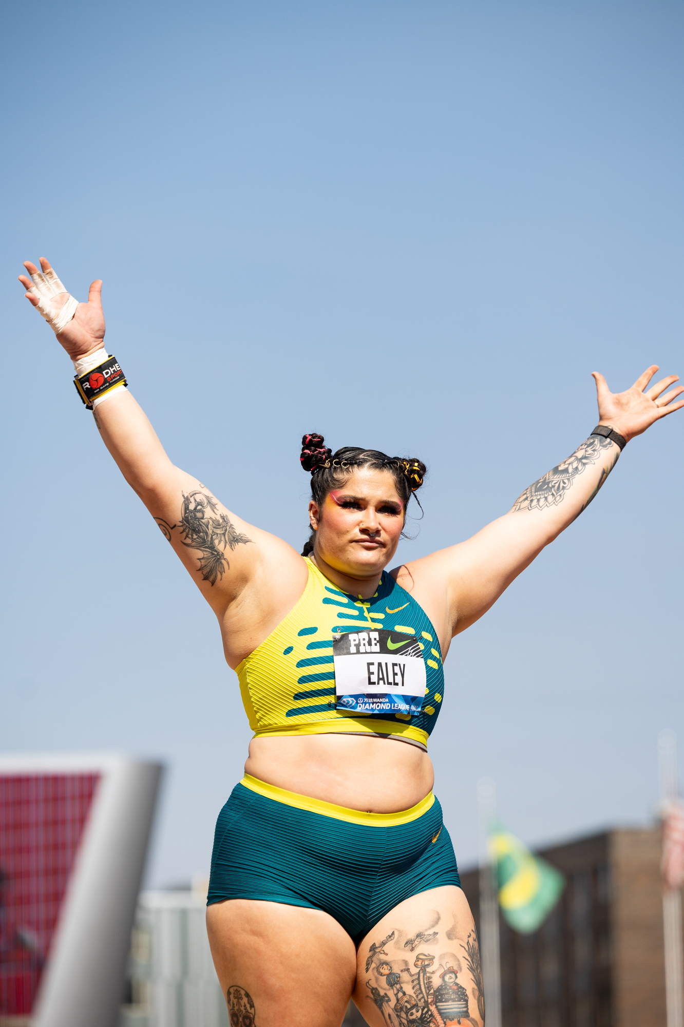 Chase Ealey of the United States celebrates during the women’s shot put at the Prefontaine Classic track and field meet on Saturday, Sept. 16, 2023, at Hayward Field in Eugene. Ealey won the event, setting a new American record with a throw of 68 feet, 1½ inches.