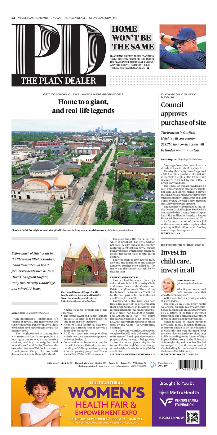 The Plain Dealer's front page for September 11, 2023 