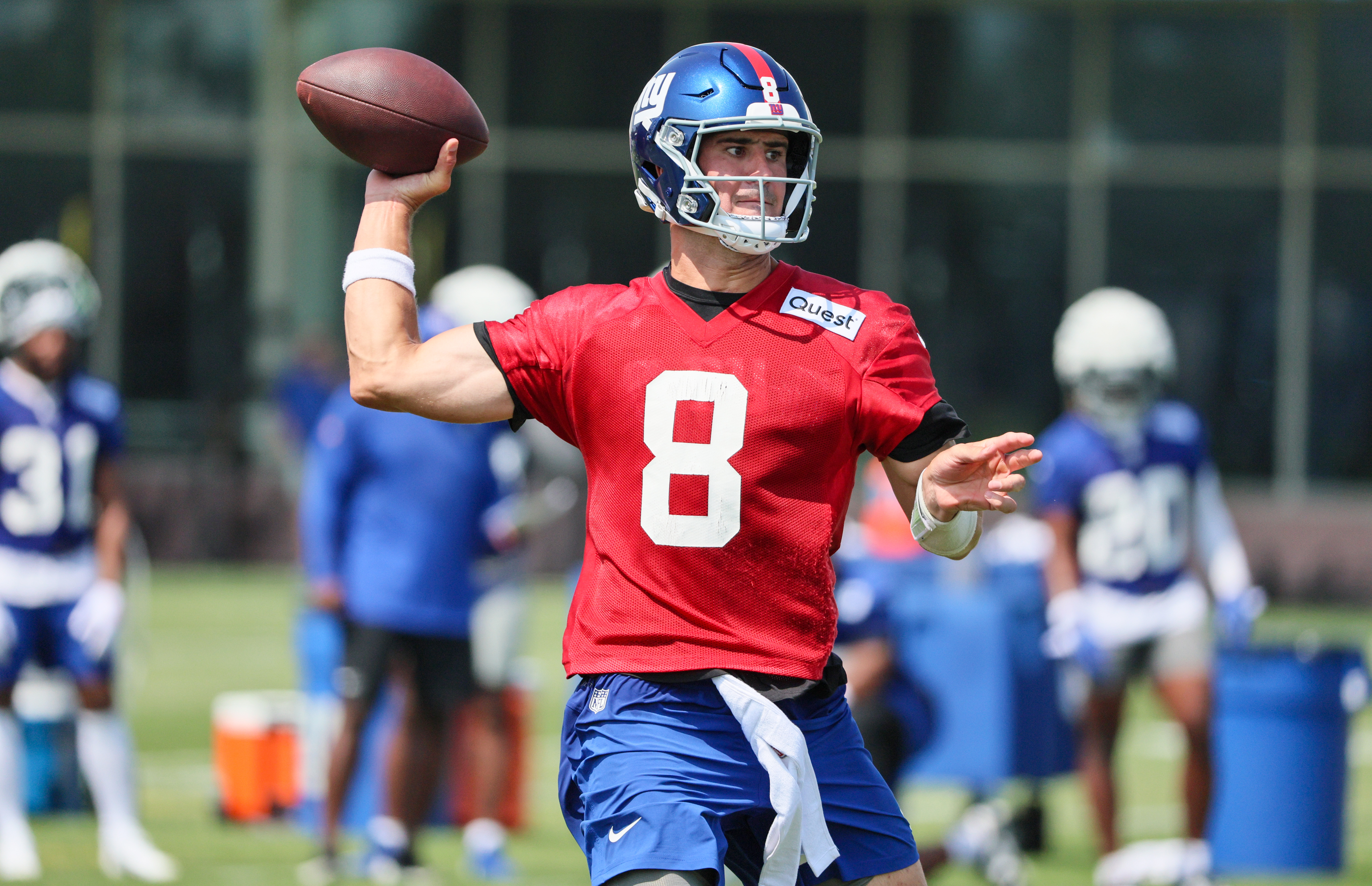 EAST RUTHERFORD, NJ - JULY 30: Daniel Jones (8) New York Giants quarterback  drops back to pass during training camp on July 30, 2022 at Quest  Diagnostics Training Center in East Rutherford