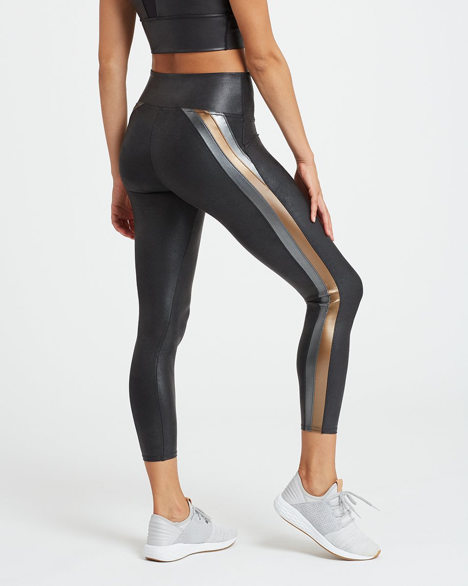 SPANX | Pants & Jumpsuits | Spanx Size Small Faux Leather Side Stripe  Leggings Black W White Stripe | Poshmark