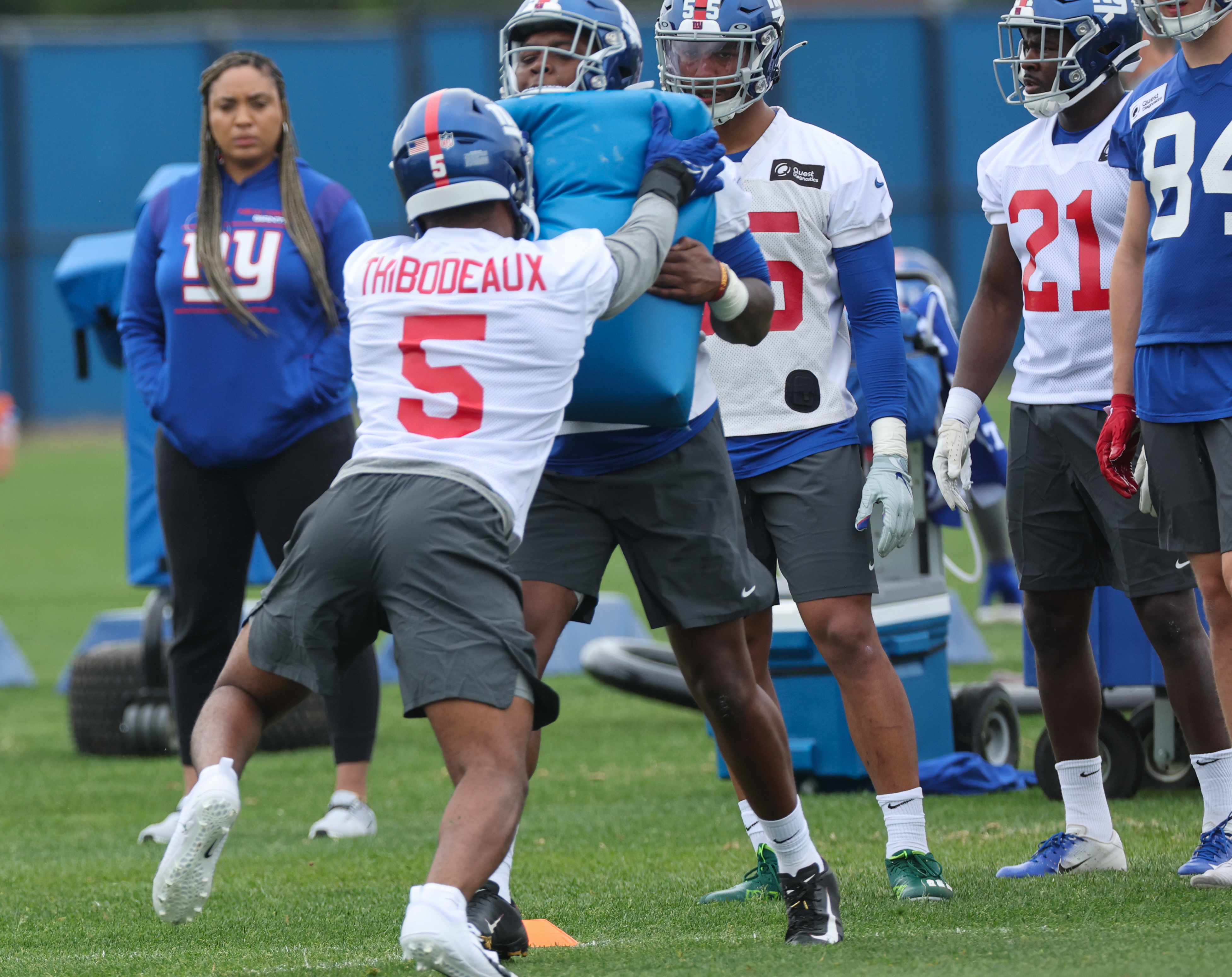 New York Giants running back Sandro Platzgummer (34) runs a drill