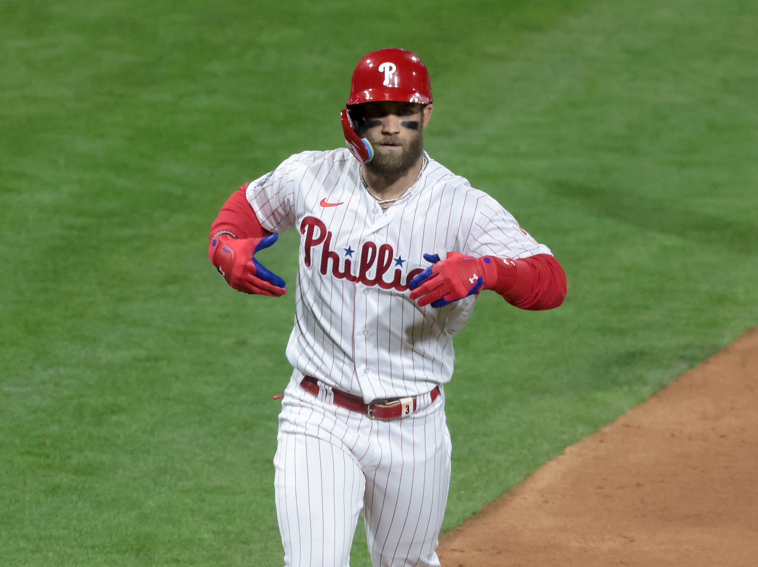 Bryce Harper (3) of the Philadelphia Phillies celebrates his two-run home run in the first inning vs. the Houston Astros during Game 3 of the World Series at Citizens Bank Park, Tuesday, Nov. 1 2022.