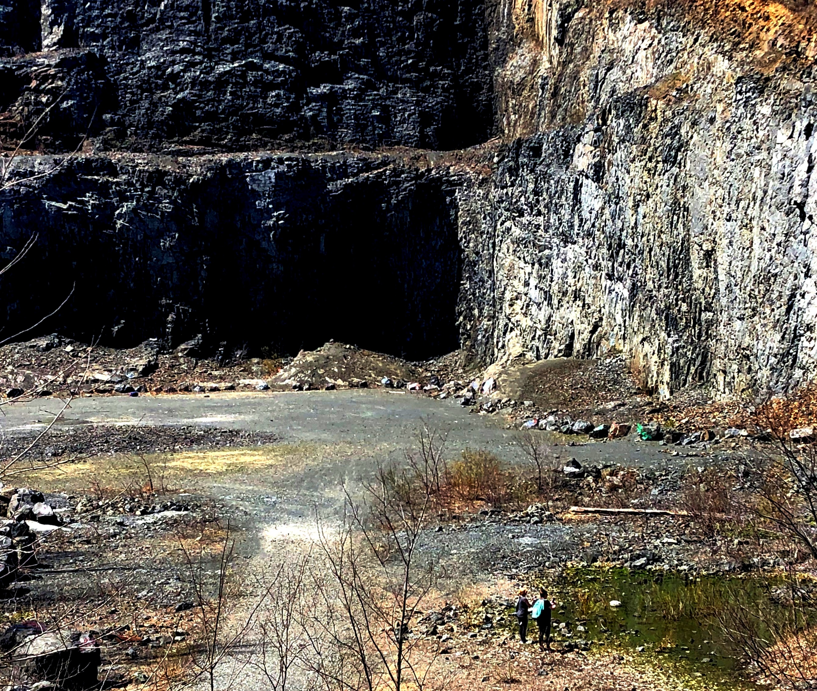 Two hikes stand inside the crater of the former quarry at Mt. Tom.  The state is seeking to acquire the  property and preserve it as a natural habitat.