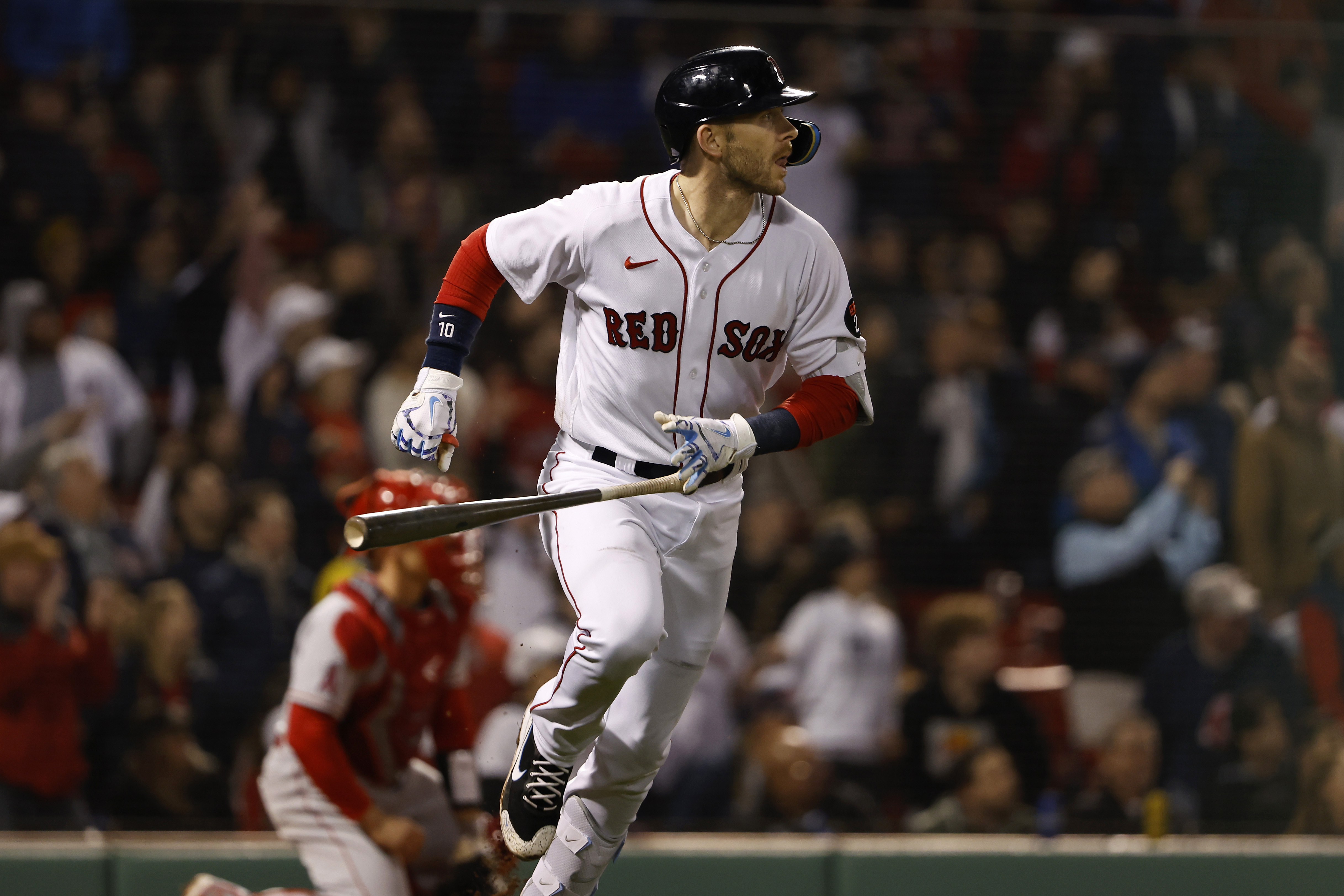 Detroit MI, USA. 13th Apr, 2022. Boston second baseman Trevor Story (10)  gets a hit during the game with Boston Red Sox and Detroit Tigers held at  Comercia Park in Detroit Mi.