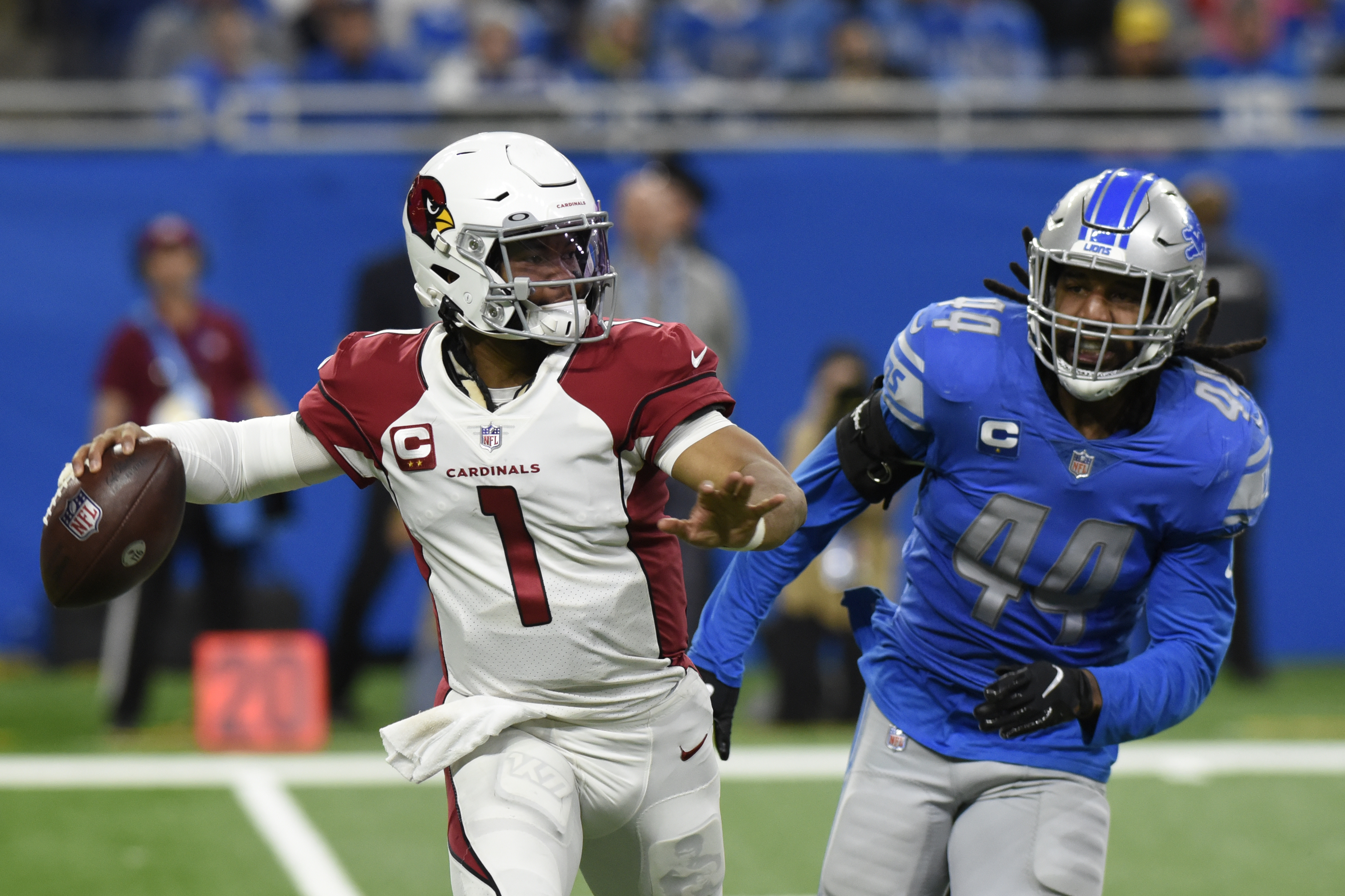 Arizona Cardinals outside linebacker Markus Golden (44) looks on from the  sidelines during an NFL football game between the Detroit Lions and the Arizona  Cardinals in Detroit, Michigan USA, on Sunday, December