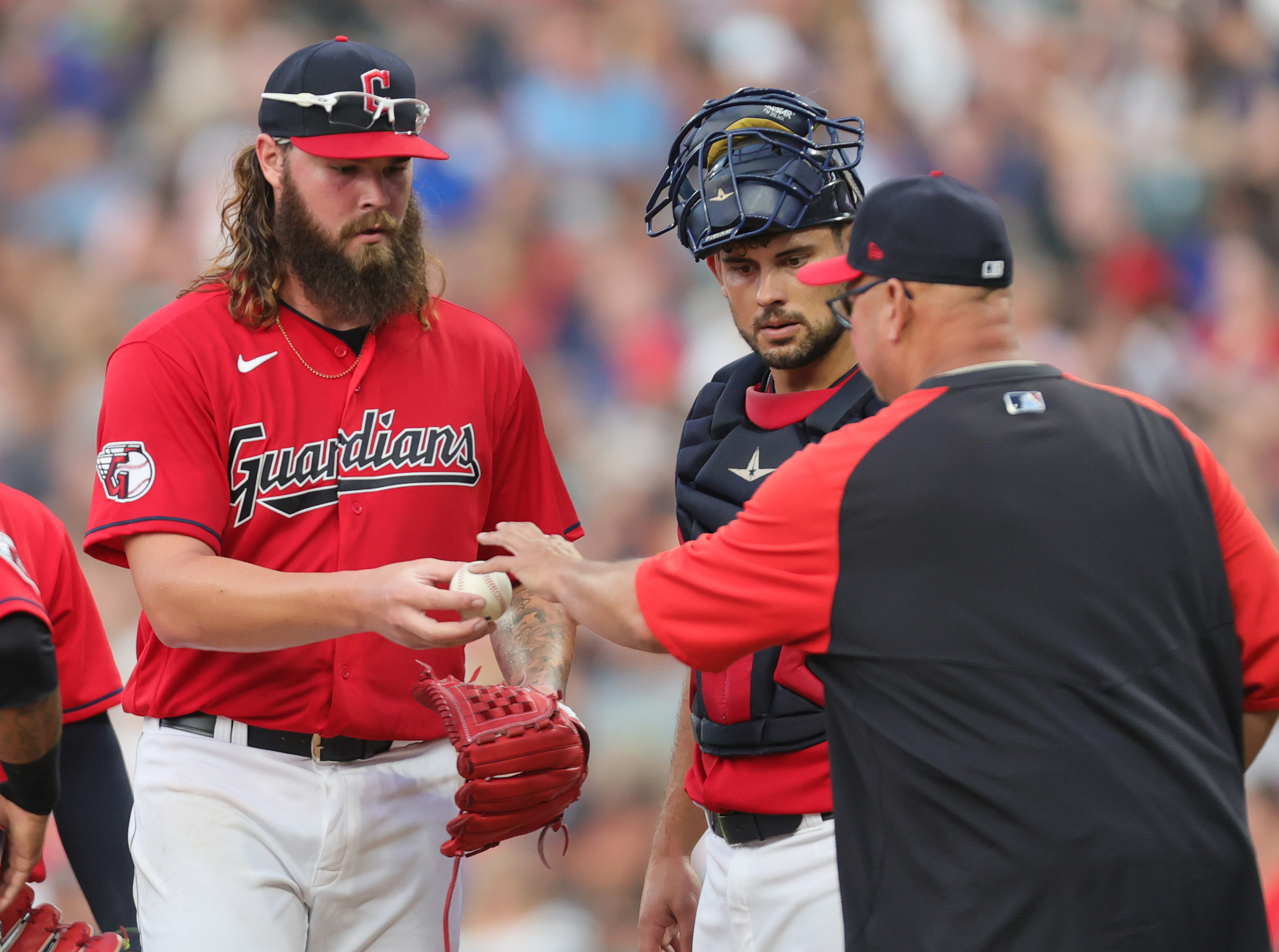 CLEVELAND, OH - JUNE 26: Cleveland Guardians relief pitcher Tanner Tully  (56) delivers a pitch during an MLB game against the Boston Red Sox on June  26, 2022 at Progressive Field in