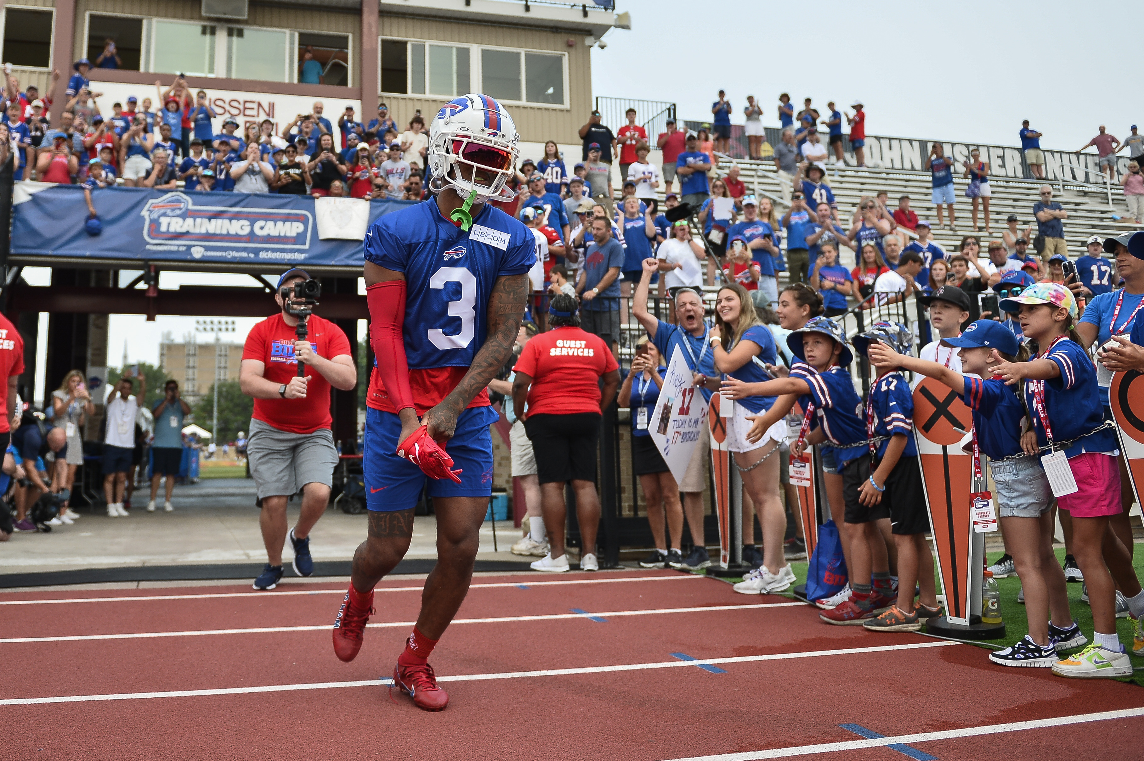 Buffalo Bills strong safety Micah Hyde, right, exchanges jersey's