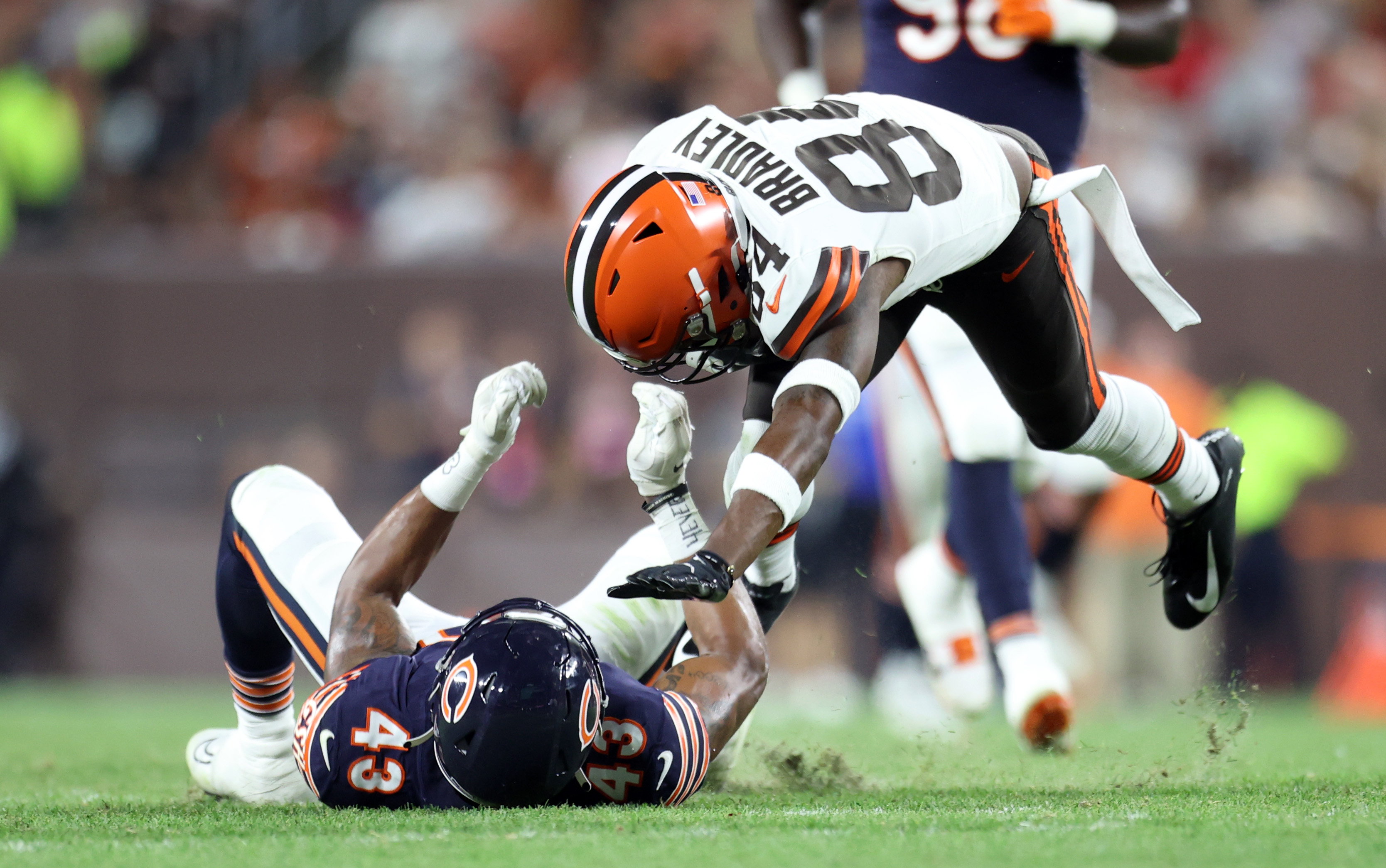 Cleveland Browns wide receiver Ja'Marcus Bradley (84) runs after a  reception against the Jacksonville Jaguars during the first half of an NFL  preseason football game, Friday, Aug. 12, 2022, in Jacksonville, Fla. (