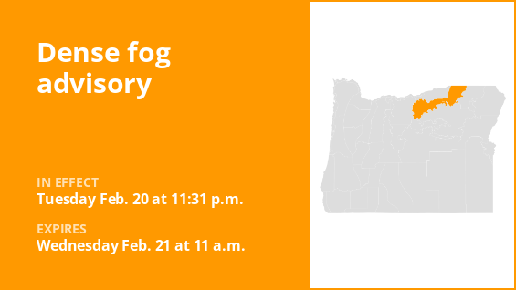 A dense fog warning affects the foothills of the northern Blue Mountains in Oregon and the foothills of the southern Blue Mountains in Oregon until midday Wednesday.