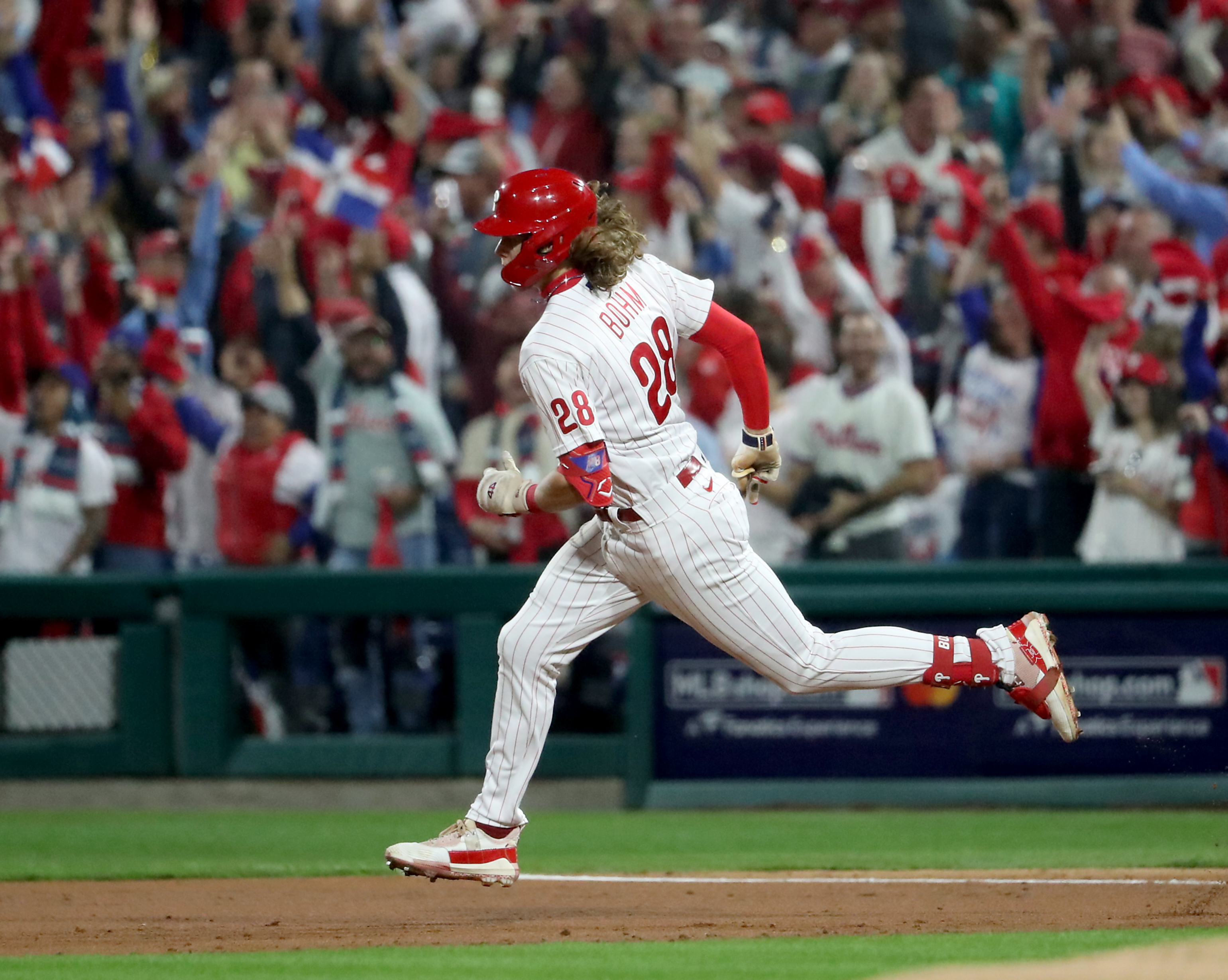 Alec Bohm (28) of the Philadelphia Phillies hits a home run in the second inning during World Series Game 3 against the Houston Astros at Citizens Bank Park, Tuesday, Nov. 1, 2022. The home run gave the Phillies a 3-0 lead.