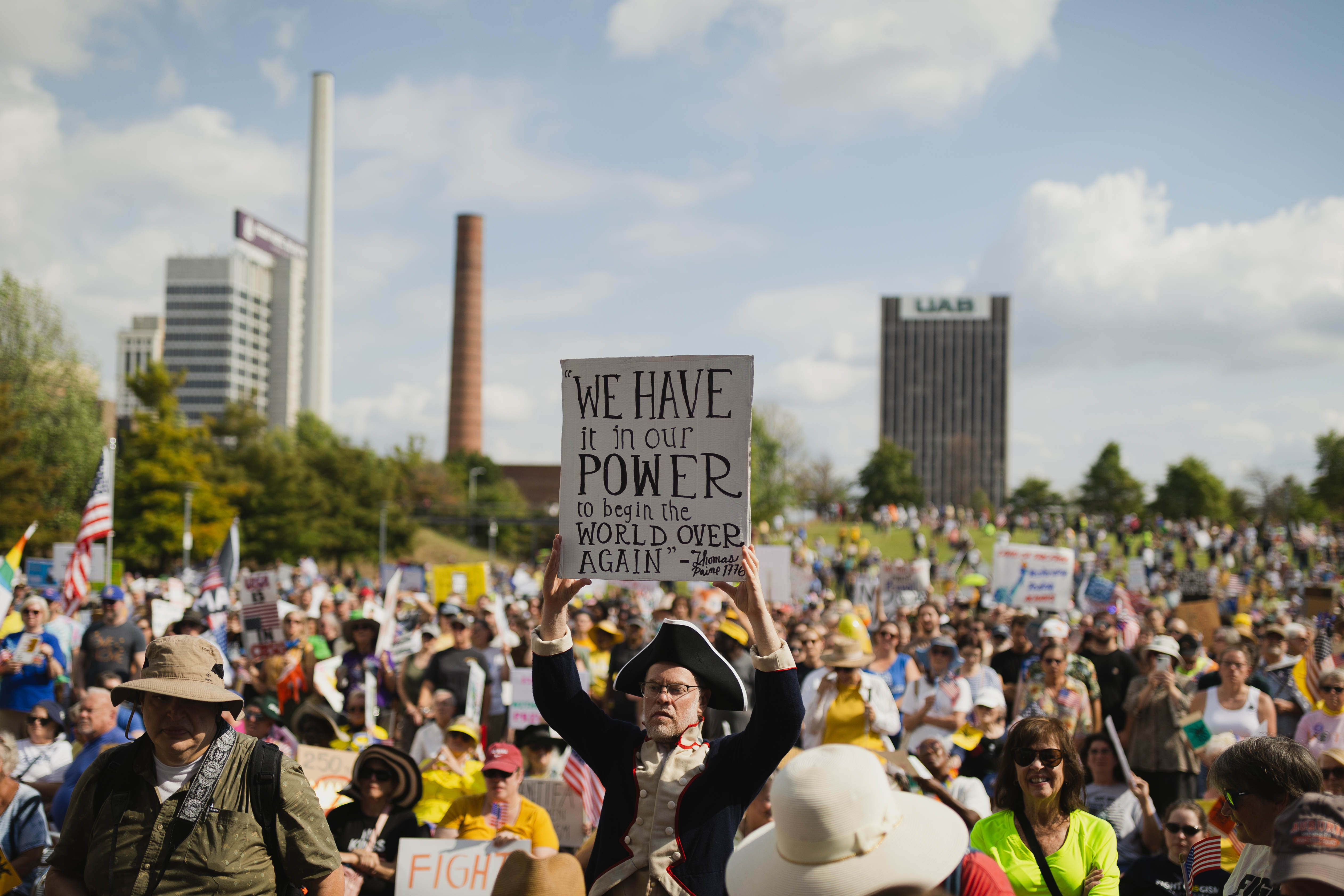Demonstrators gather in Railroad Park to protest U.S. President Donald Trump during a “No Kings” protest in Birmingham, Ala., Saturday, Oct. 18, 2025. (Will McLelland | WMcLelland@al.com)