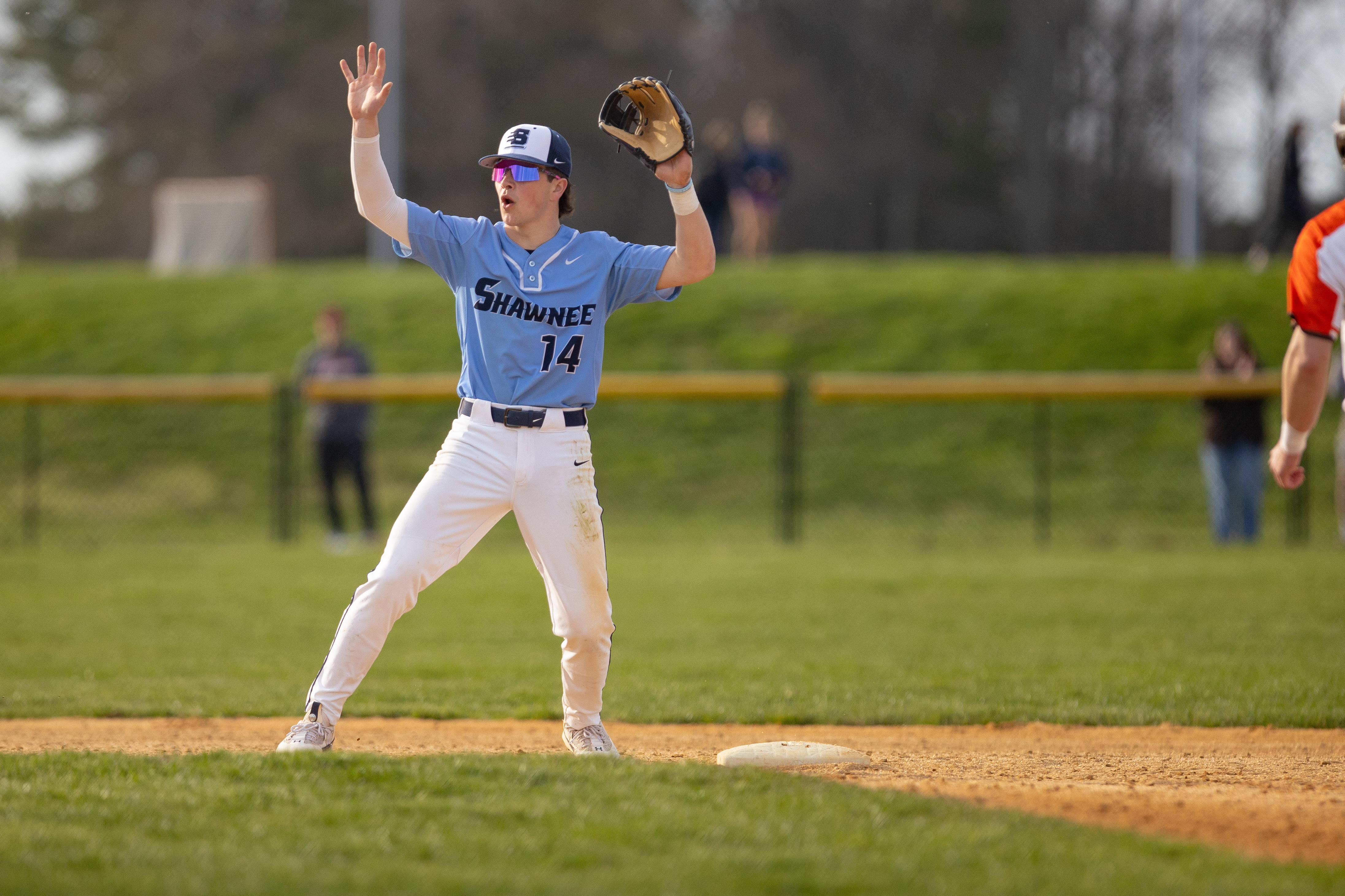 Reid Uccello (14) of Shawnee, signals no play at second in Marlton, NJ on Monday, April 3, 2023.