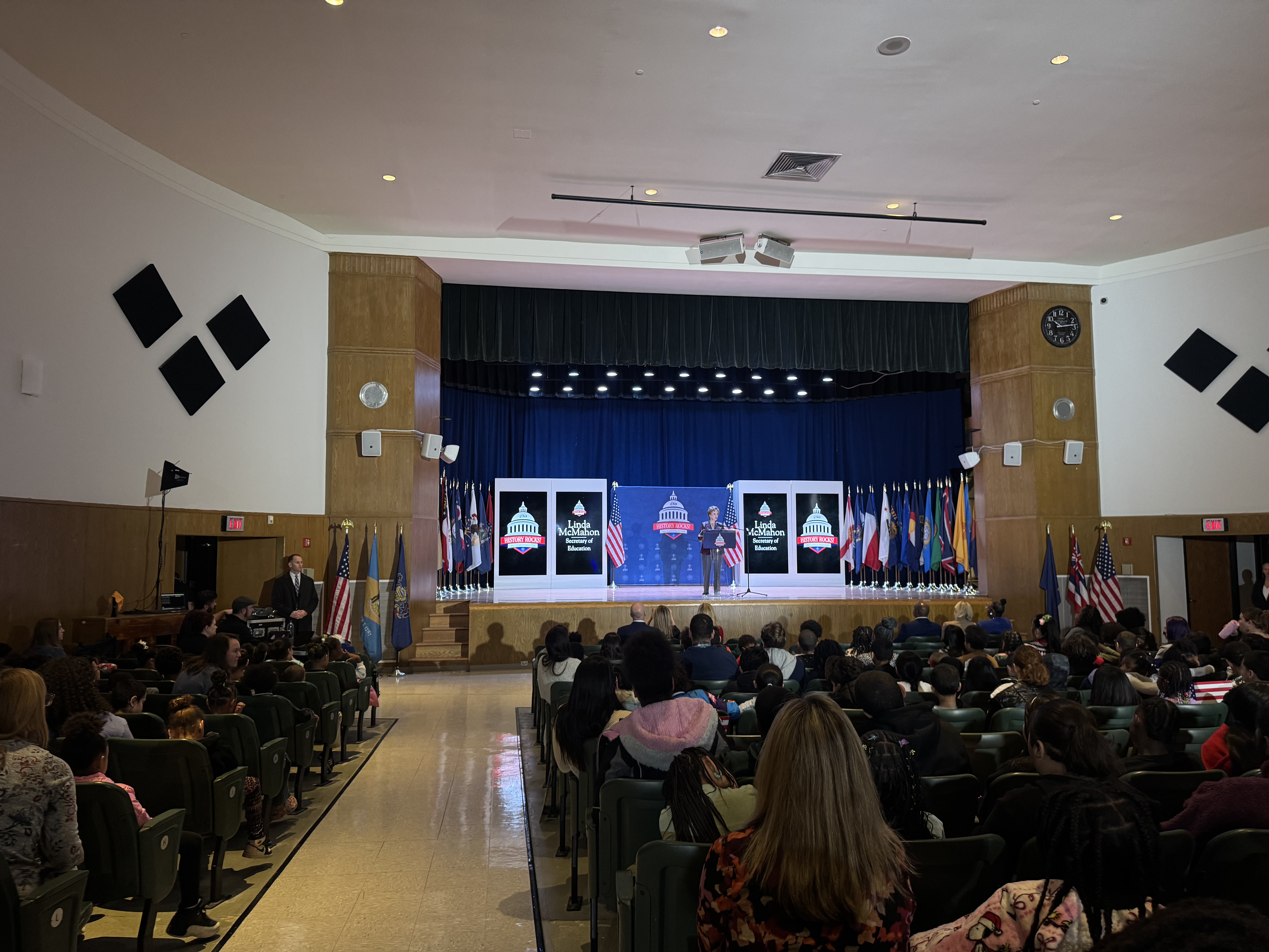 U.S. Secretary of Education Linda McMahon speaks to students at Foose Elementary School in Harrisburg.