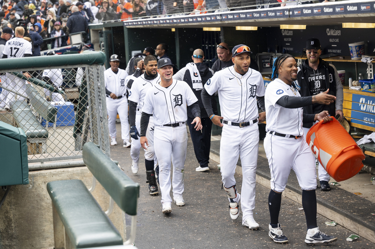 DETROIT, MI - APRIL 12: Detroit Tigers shortstop Javier Baez (28) looks on  in the dugout during an MLB game against the Boston Red Sox on April 12,  2022 at Comerica Park