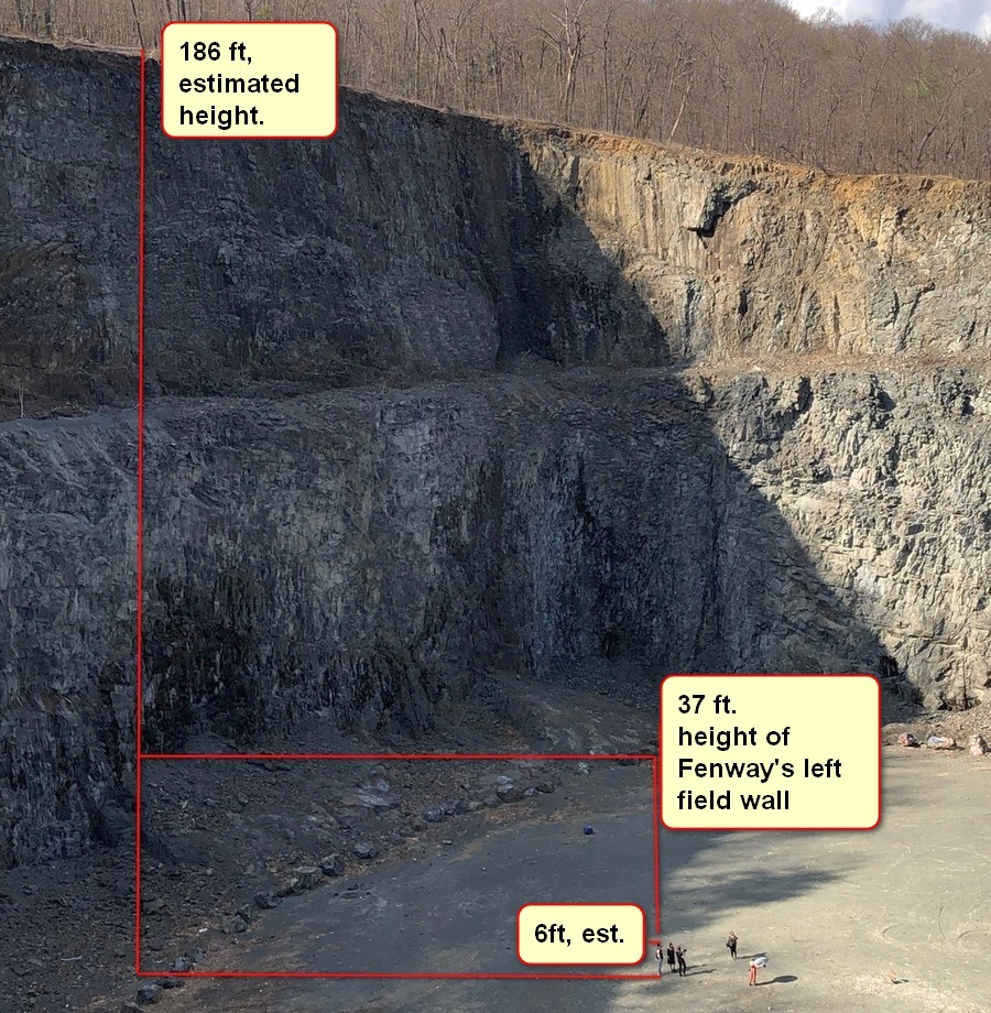 This photo illustration of the former Mount Tom quarry in Holyoke details how high the cliff face is. The state Department of Conservation & Recreation says it intends to install warning signs and rope off the perimeter to warn hikers. No such signage currently exists. The quarry has been inactive for almost a decade. (PATRICK JOHNSON / THE REPUBLICAN)