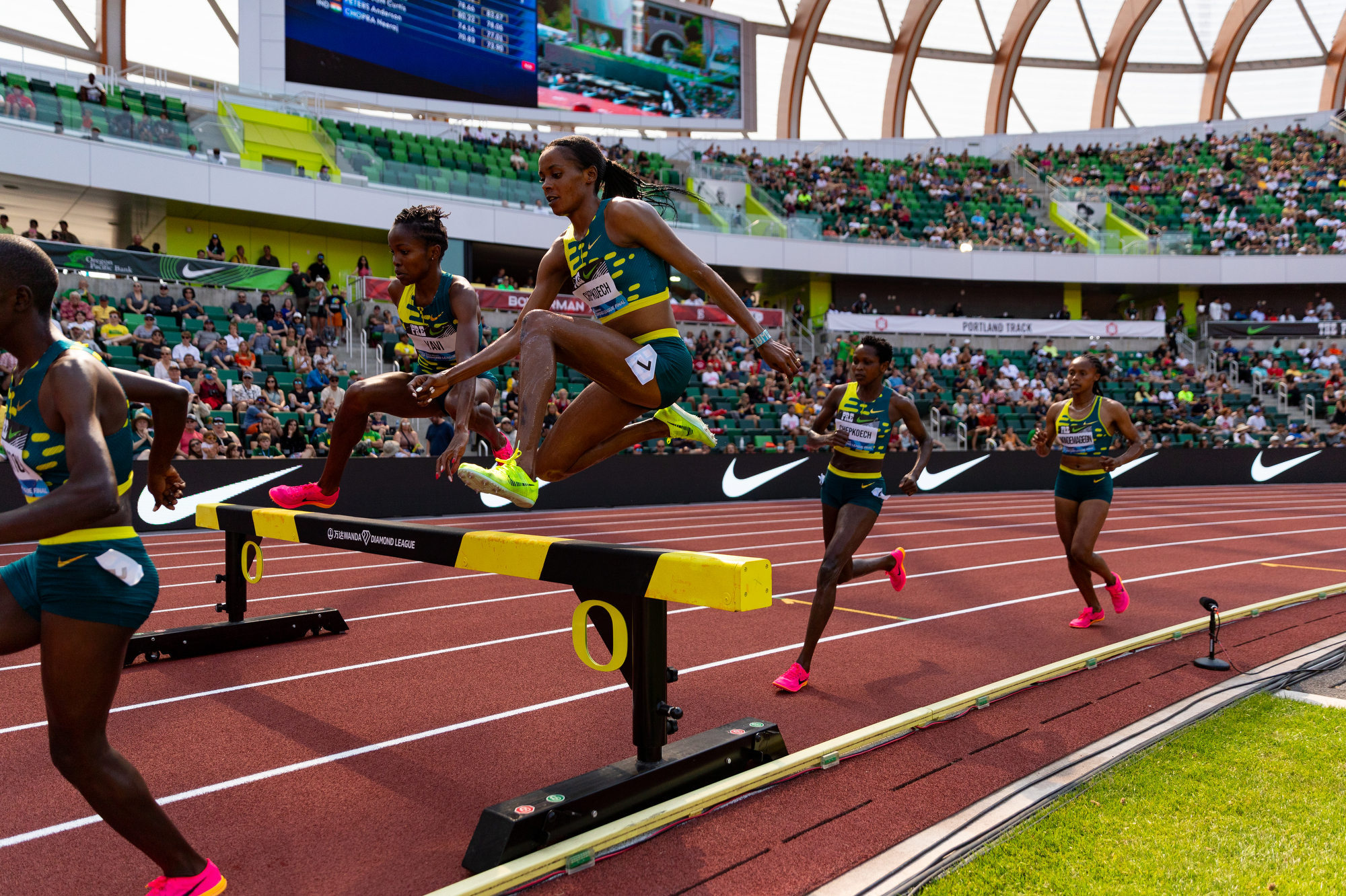 Runners compete in the women’s steeplechase at the Prefontaine Classic track and field meet on Saturday, Sept. 16, 2023, at Hayward Field in Eugene.