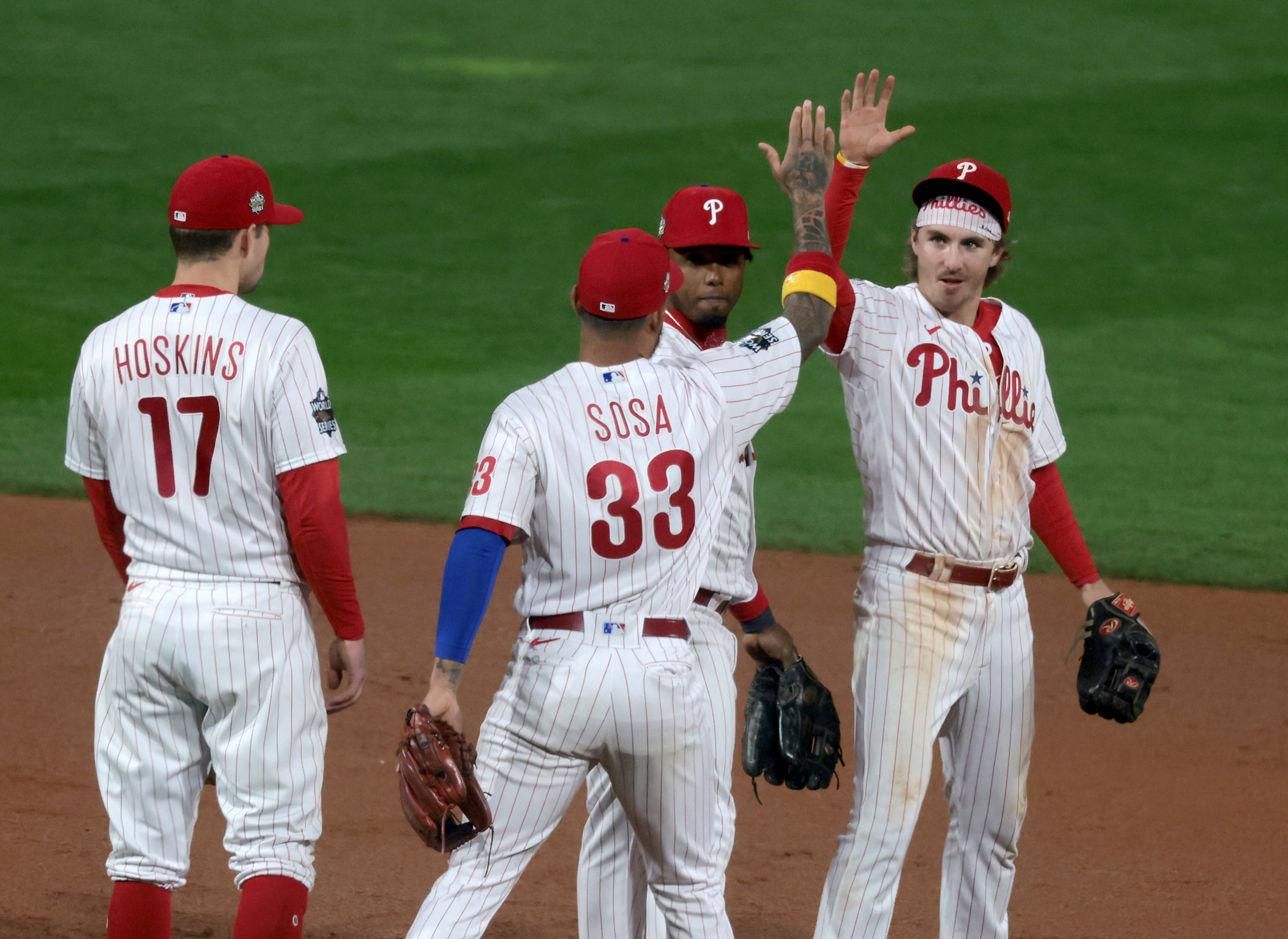 The Philadelphia Phillies celebrate a 7-0 victory vs.the Houston Astros in Game 3 of the World Series at Citizens Bank Park, Tuesday, Nov. 1, 2022.