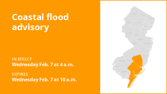 A coastal flood warning is affecting 3 New Jersey counties on Wednesday