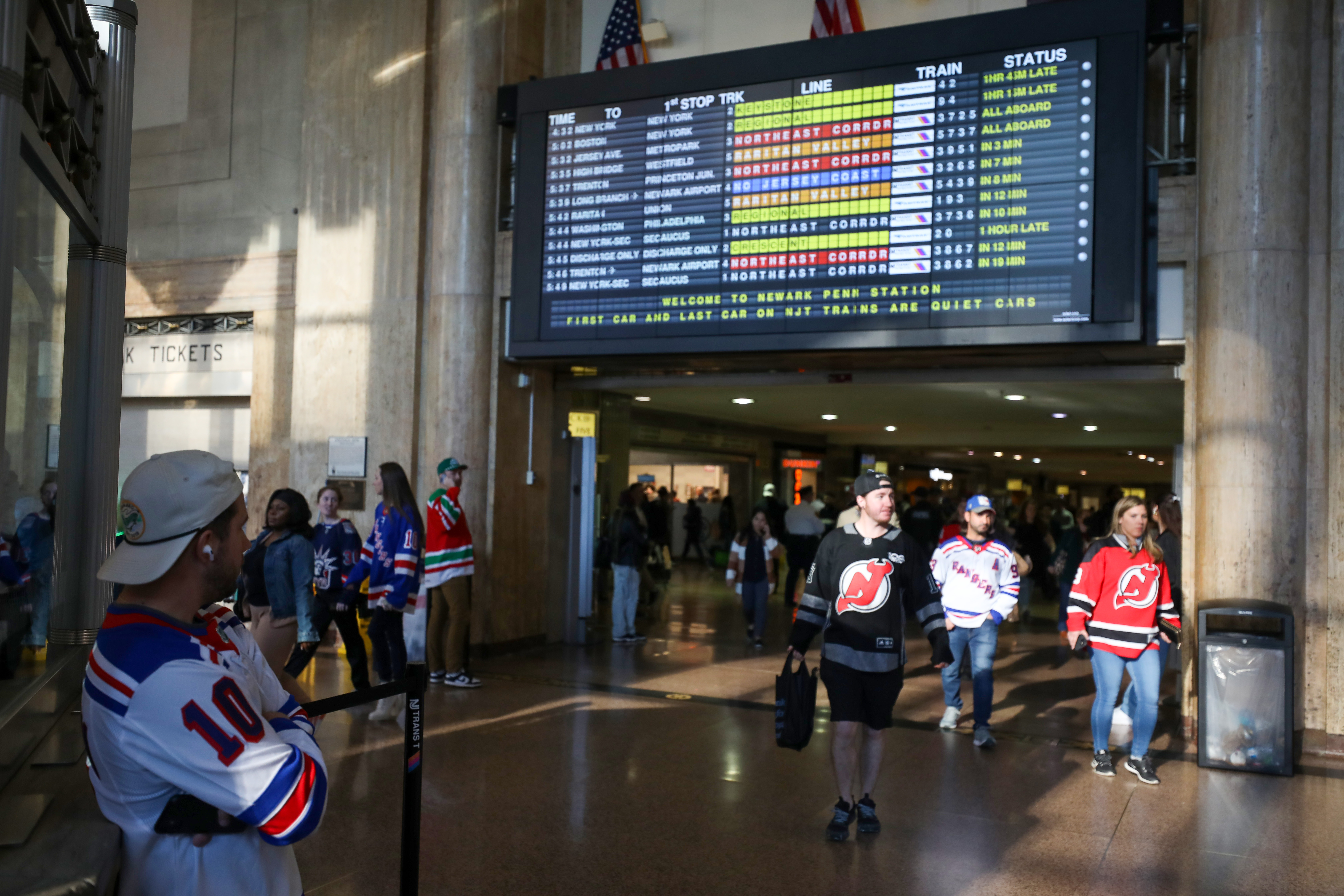 Fans stream out of Newark Penn Station on Tuesday, April 18, 2023 after arriving via train in Newark, N.J. The New York Rangers beat the New Jersey Devils, 5-1, in Game 1 of the NHL Stanley Cup playoffs.