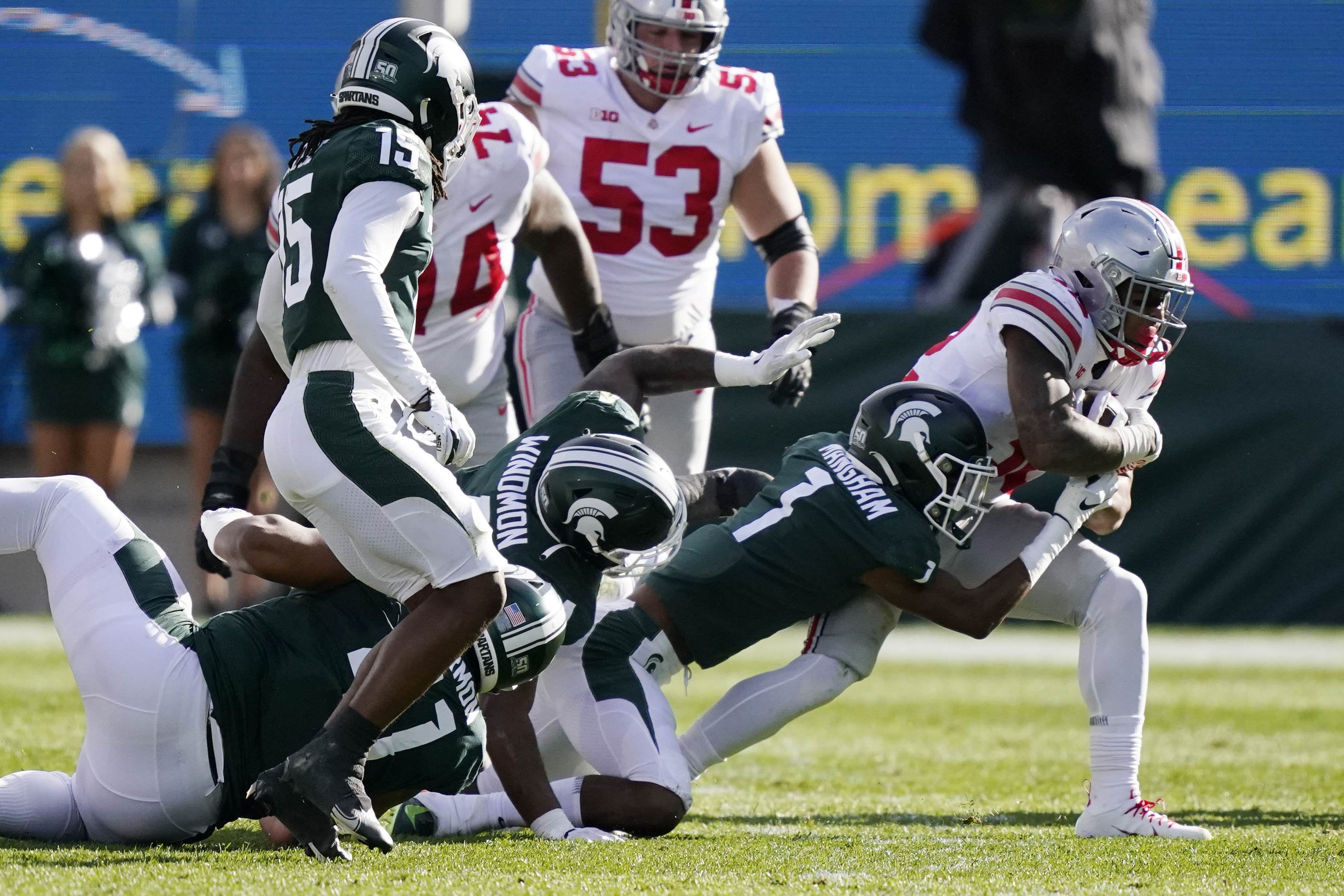 Michigan State's Jaden Mangham carted off field after scary injury against Ohio  State 