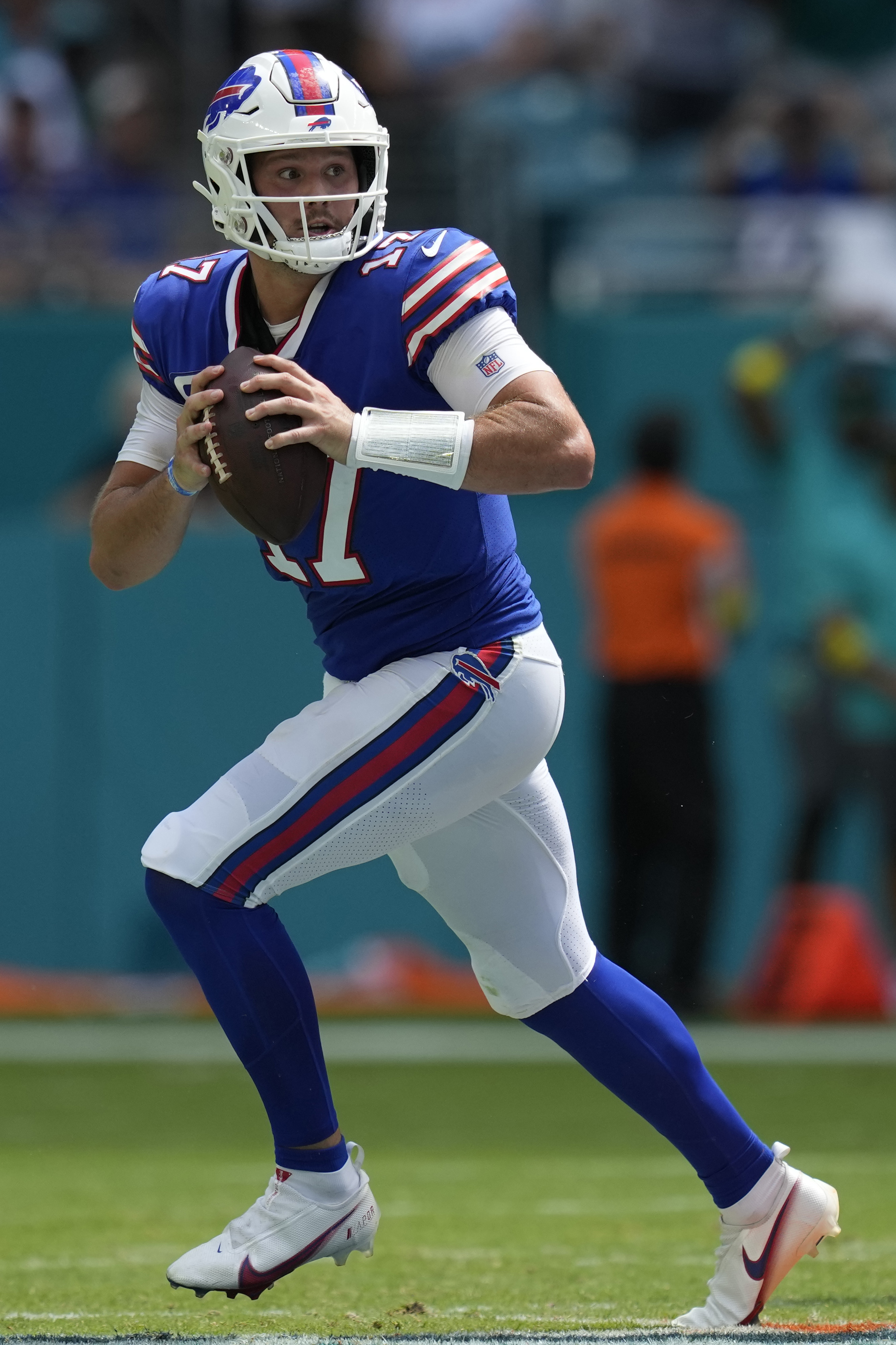 Buffalo Bills quarterback Josh Allen (17) reacts during the first half of  an NFL football game …