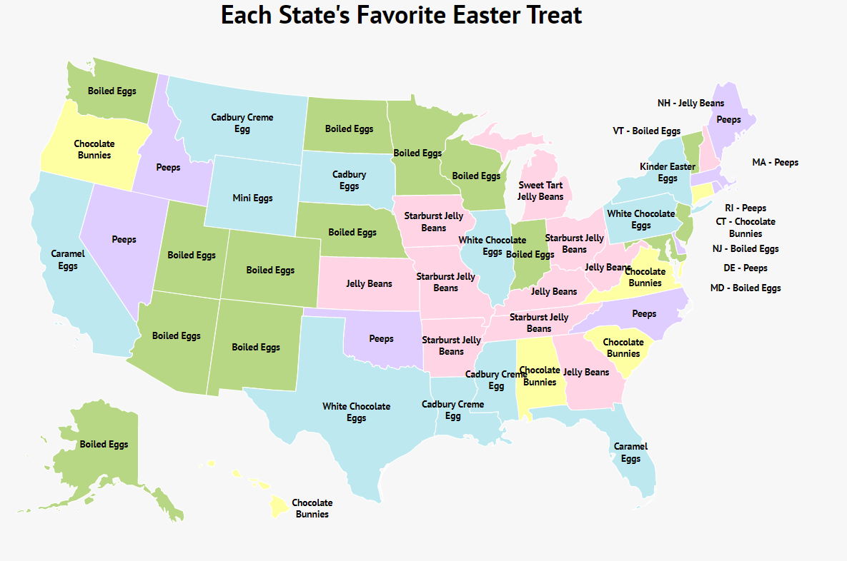 Each state. Wierdest Town names in every State. What is the most popular Easter Sweet.