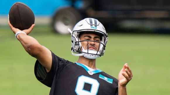 Carolina Panthers quarterback Bryce Young talks with head coach Frank Reich  during the NFL football team's rookie minicamp, Friday, May 12, 2023, in  Charlotte, N.C. (AP Photo/Chris Carlson Stock Photo - Alamy