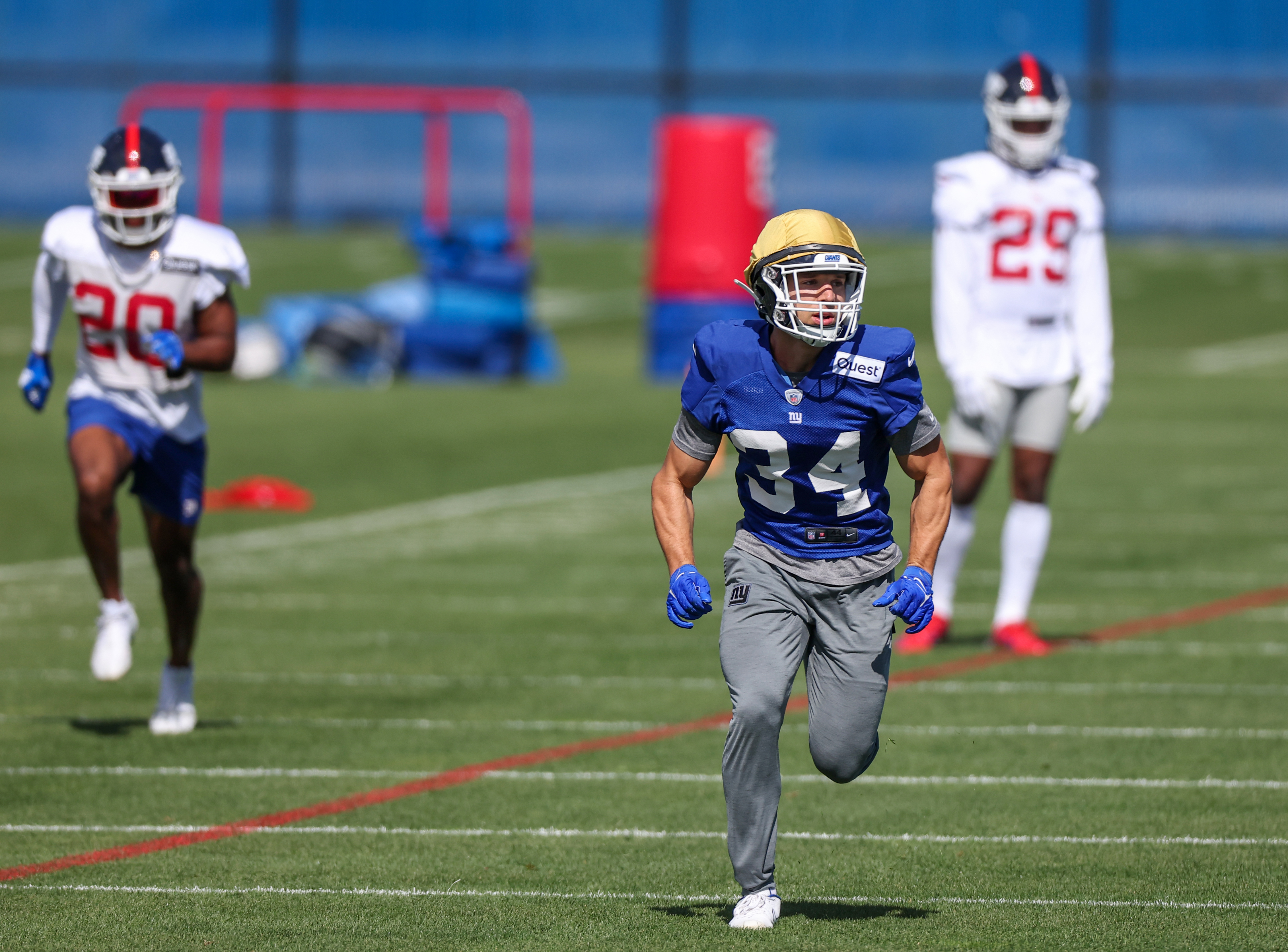 New York Giants running back Sandro Platzgummer (34) practices