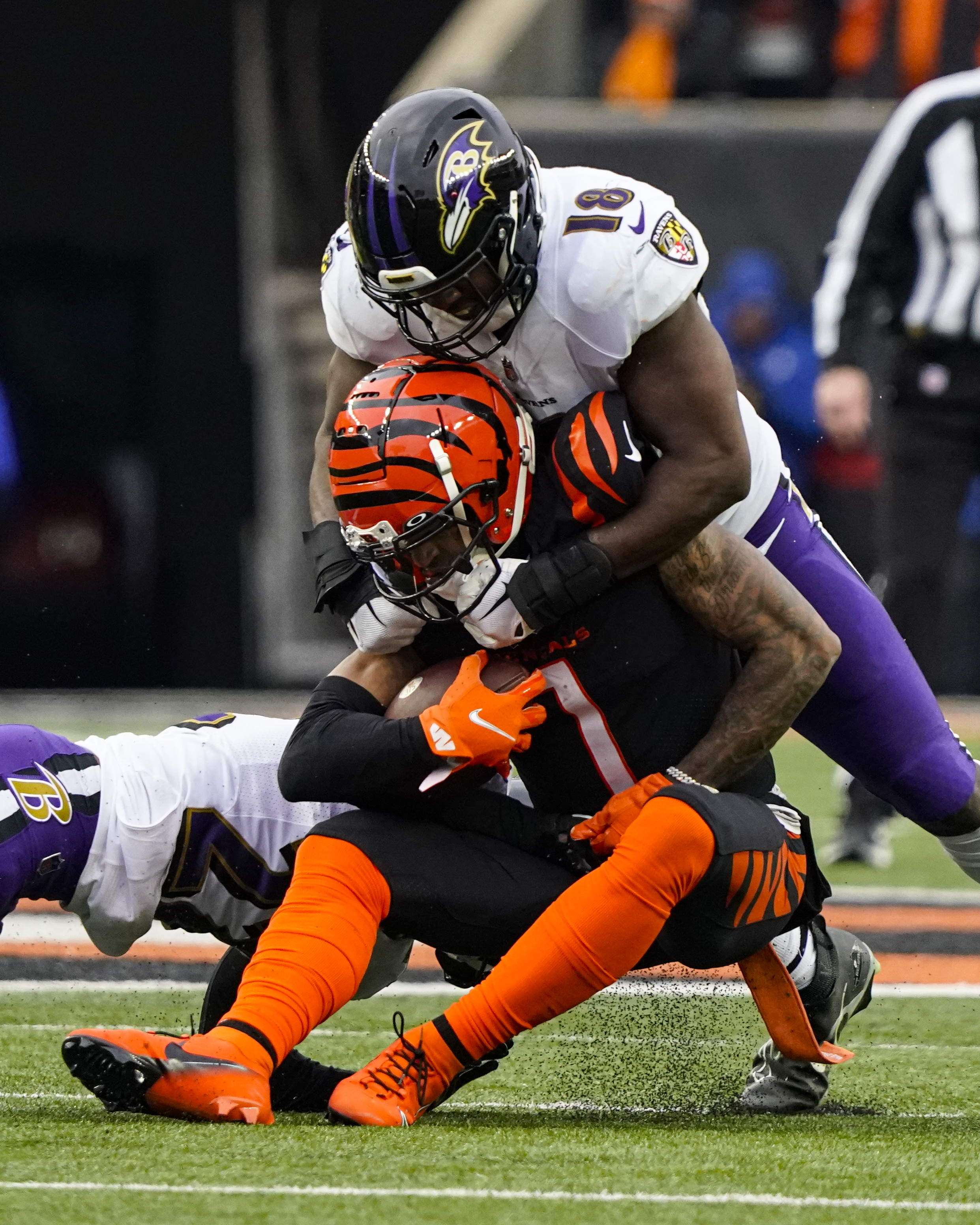 CINCINNATI, OH - JANUARY 08: Cincinnati Bengals wide receiver Ja'Marr Chase  (1) wears a shirt honoring Buffalo Bills defensive back Damar Hamlin before  a game between the Baltimore Ravens and the Cincinnati