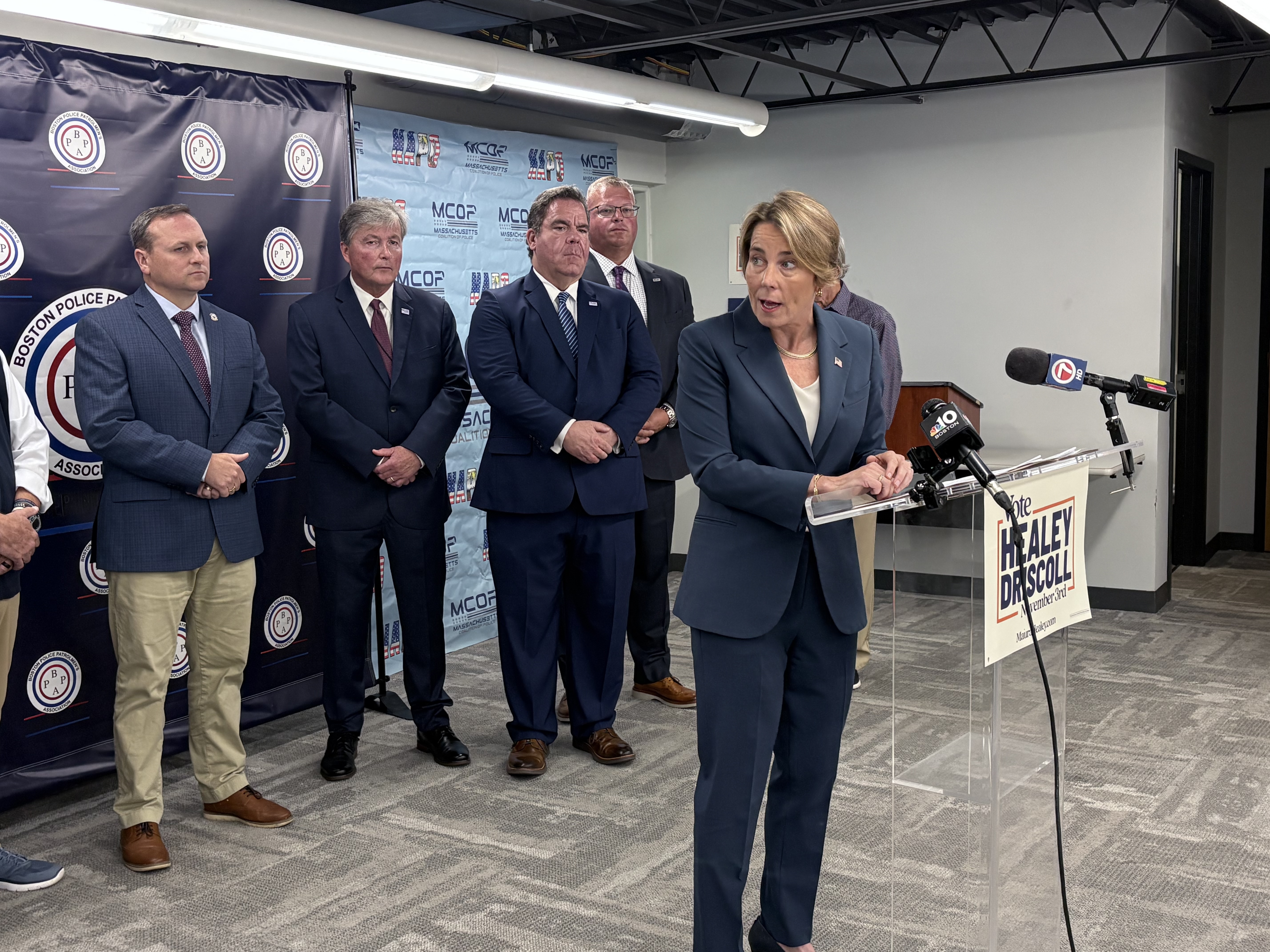 Massachusetts Gov. Maura Healey speaks during an event at the Boston Police Patrolmen's Association headquarters in Dorchester on Thursday, Sept. 10, 2026.