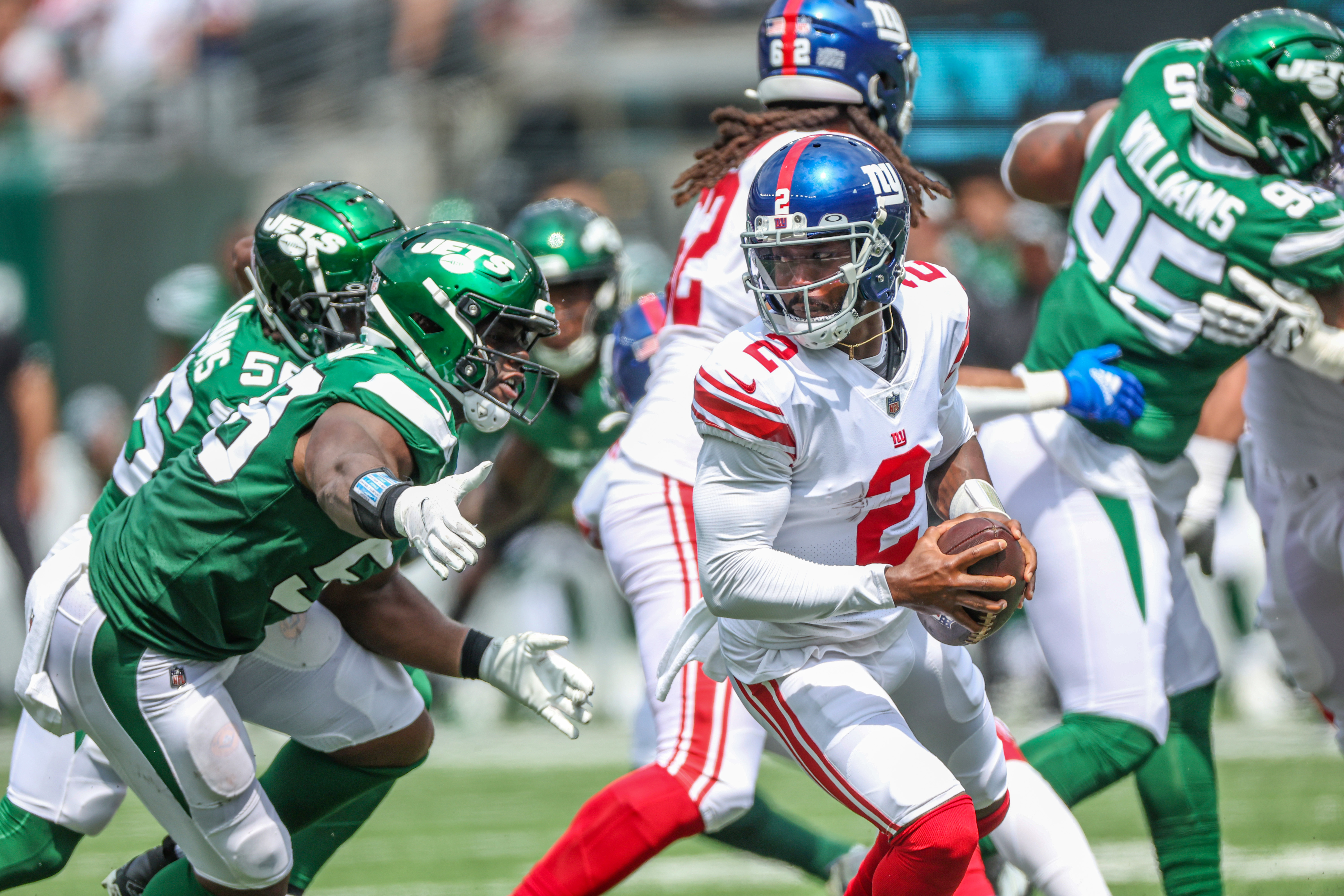 New York Giants safety Trenton Thompson (39) walks off the field after  their 31-27 loss to the New York Jets in an NFL pre-season football game,  Sunday, Aug. 27, 2022, in East