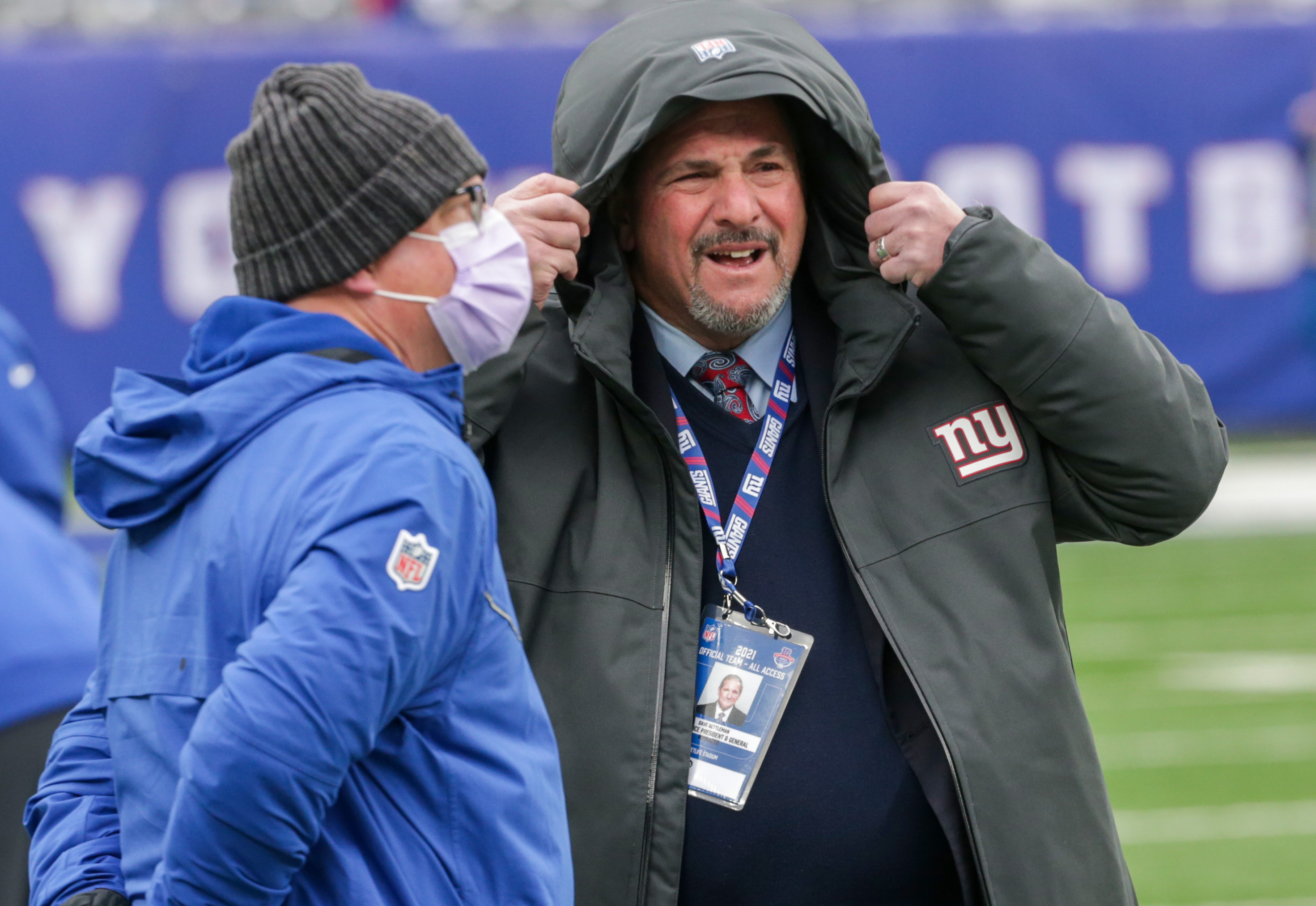 New York Giants VP of Communications Pat Hanlon (left) and general manager Dave Gettleman (right) during pregame warmups as the Giants prepare to host the Washington Football Team on Sunday, Jan. 9, 2022 in East Rutherford, N.J.