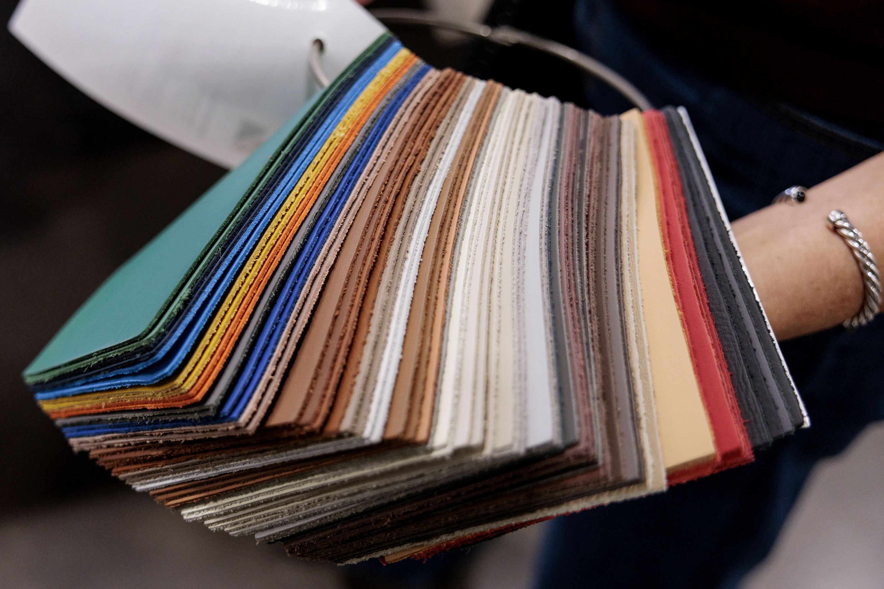 A sampling of automotive leathers at Pangea in Rochester Hills on Monday, Oct. 6 2025.