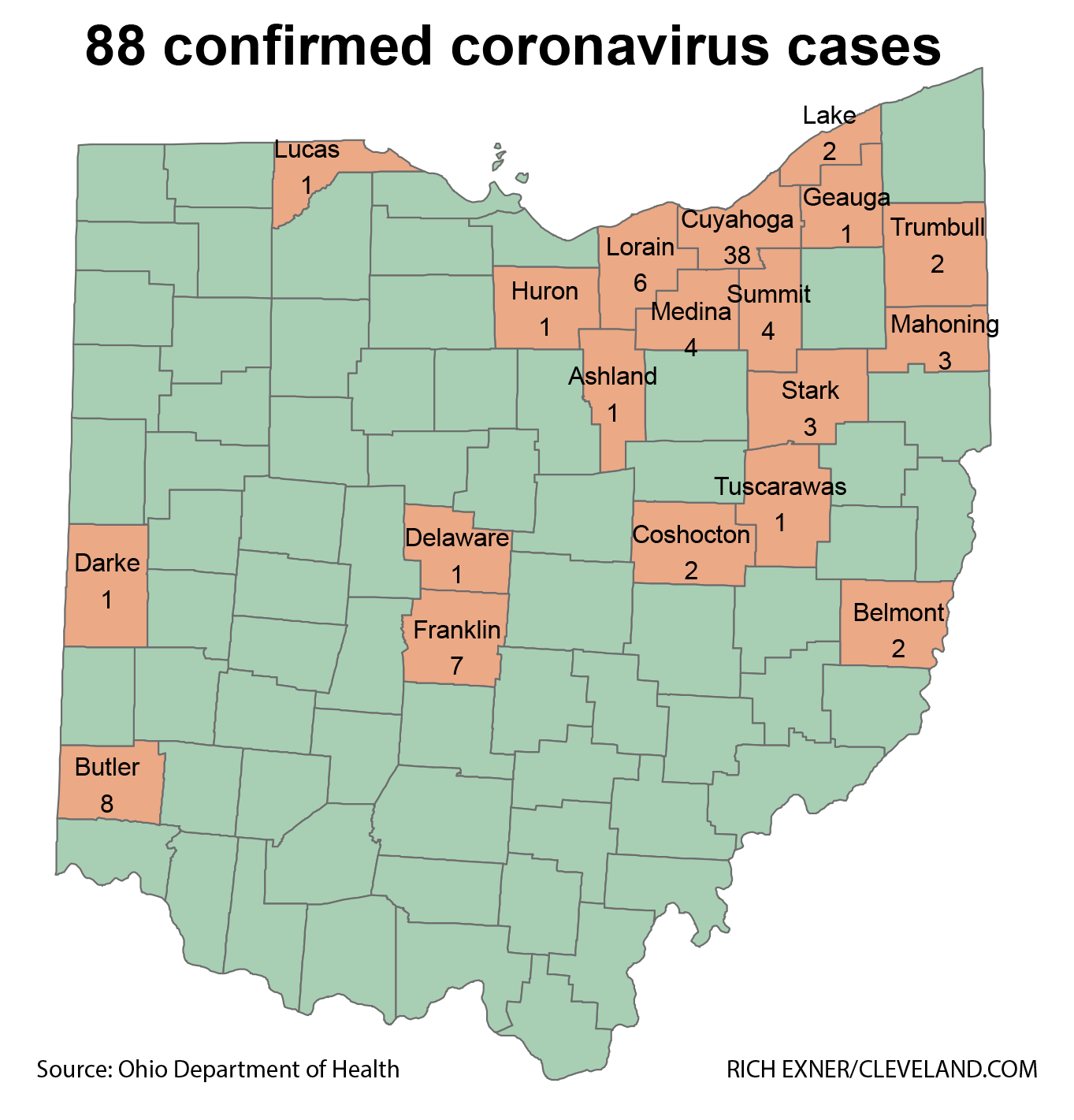 Map: See daily trend of spread of confirmed coronavirus cases across Ohio; ...