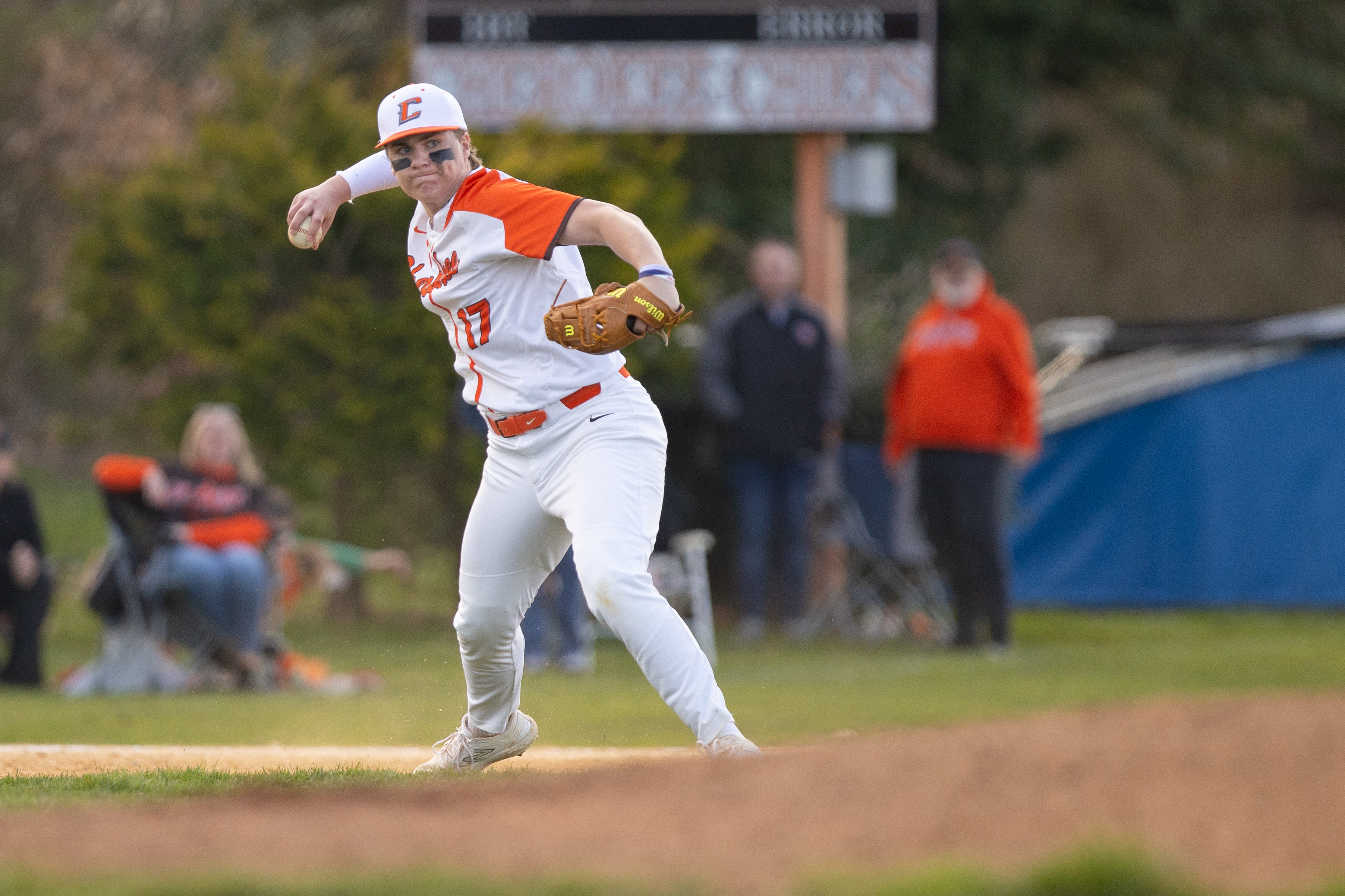Brett Chiesa (17) of Cherokee, throws to first in Marlton, NJ on Monday, April 3, 2023.