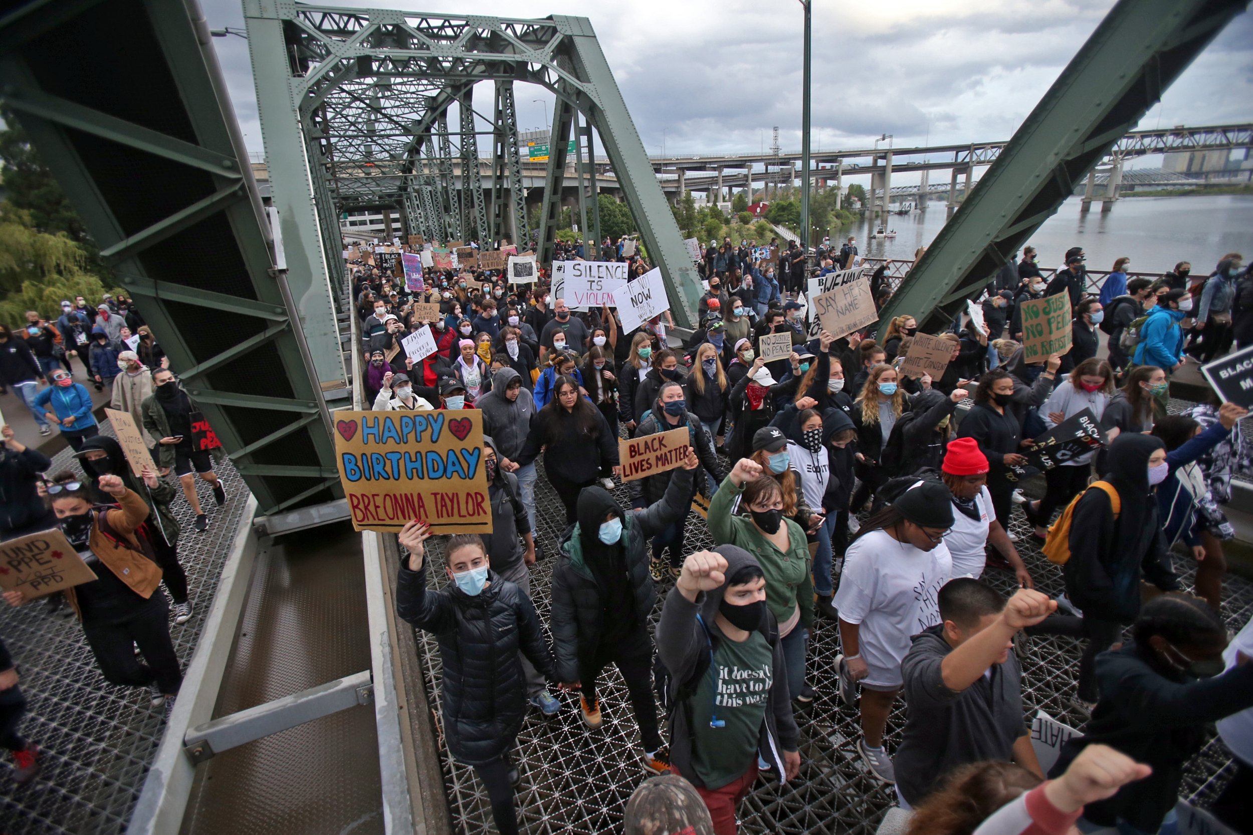 Thousands of protesters marched from Revolution Hall in Southeast Portland to Tom McCall Waterfront Park in downtown to demonstrate against the death of George Floyd, a black man killed by police in Minneapolis. Sean Meagher/Staff