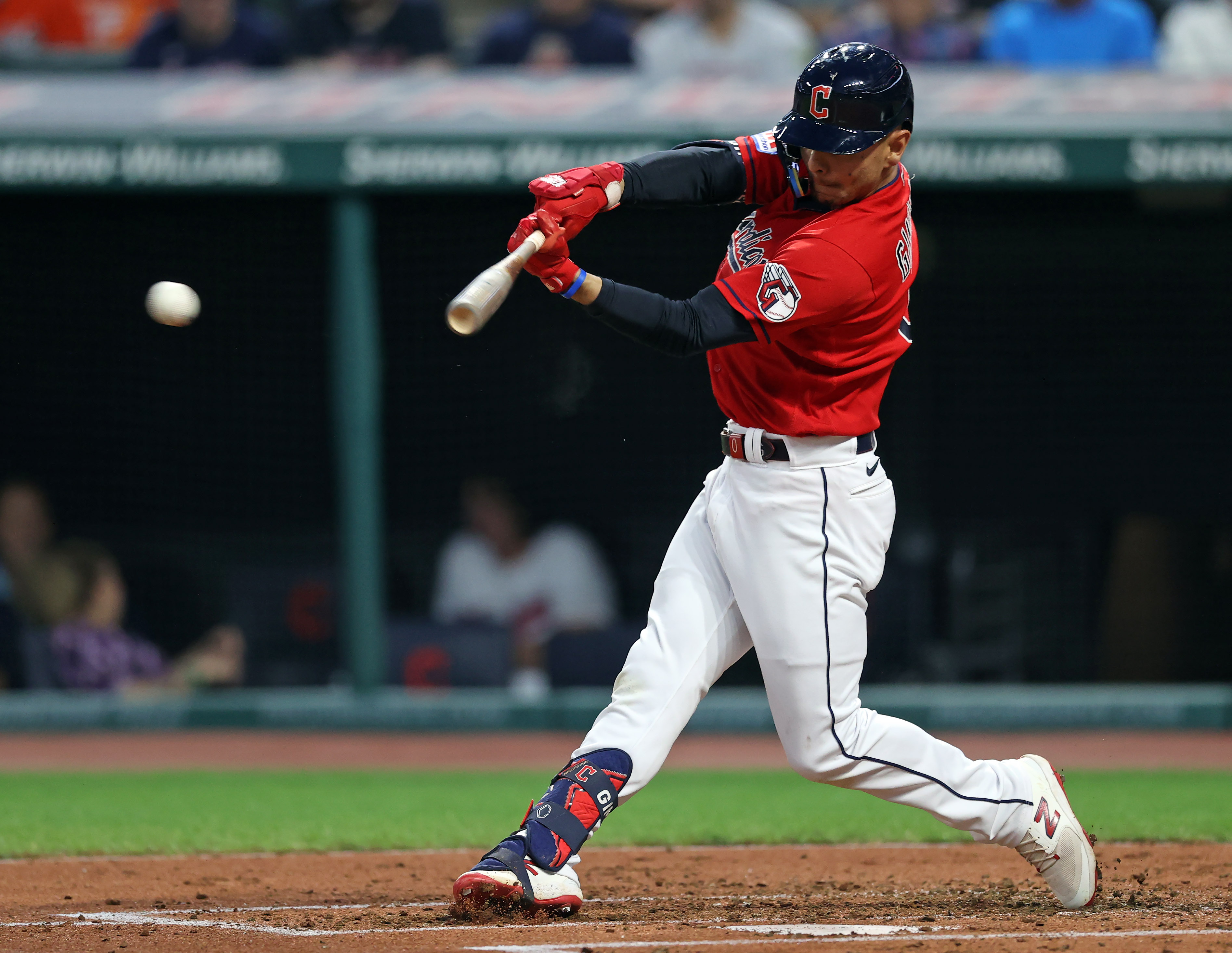 Baltimore, United States. 29th May, 2023. Cleveland Guardians first baseman Josh  Naylor (22) making contact with the pitch in the top of the third inning  against the Baltimore Orioles at Oriole Park