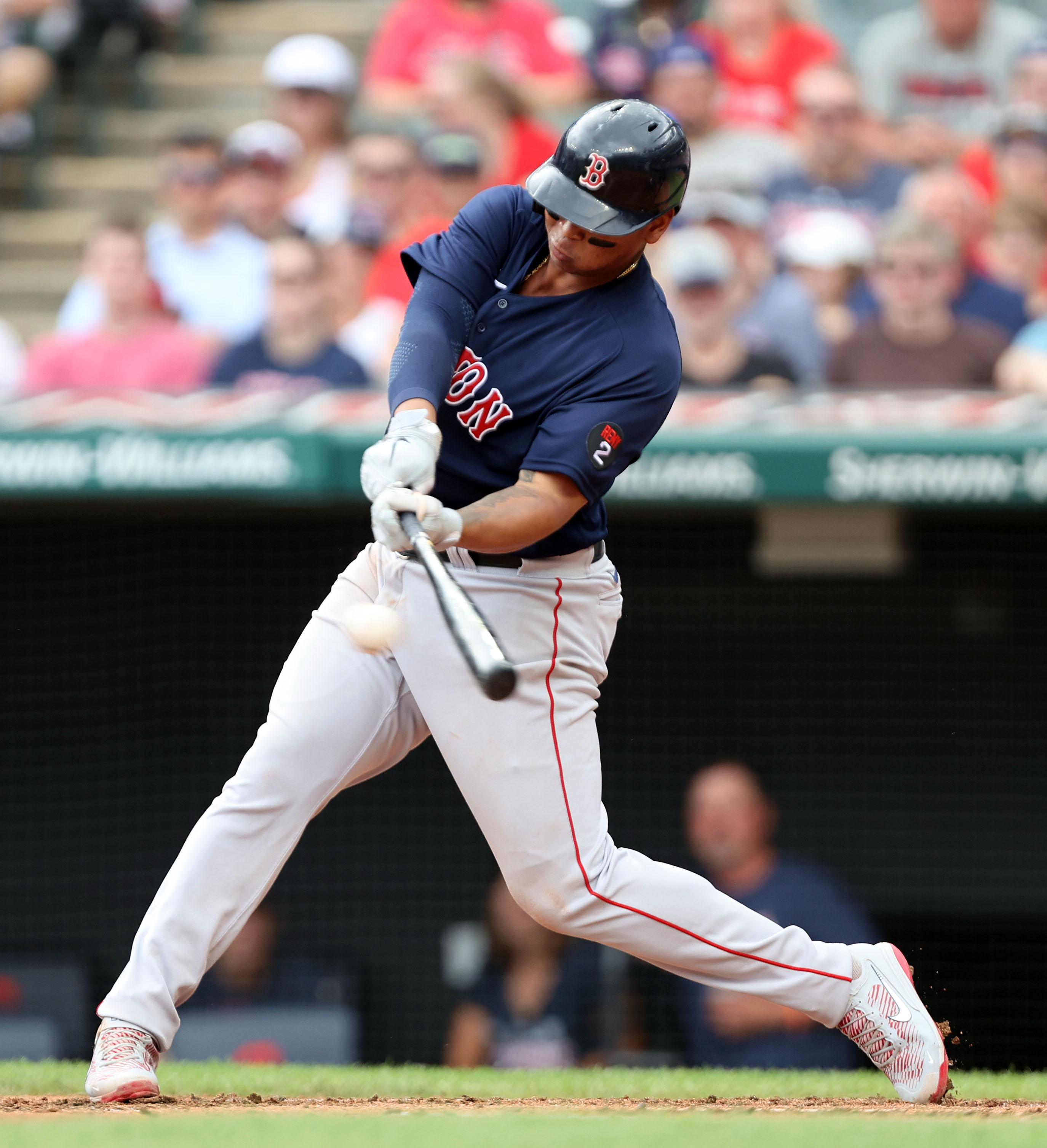 Cleveland, United States. 26th June, 2022. Boston Red Sox Jarren Duran (40)  hits a RBI double in the fourth inning against the Cleveland Guardians at  Progressive Field in Cleveland, Ohio on Sunday