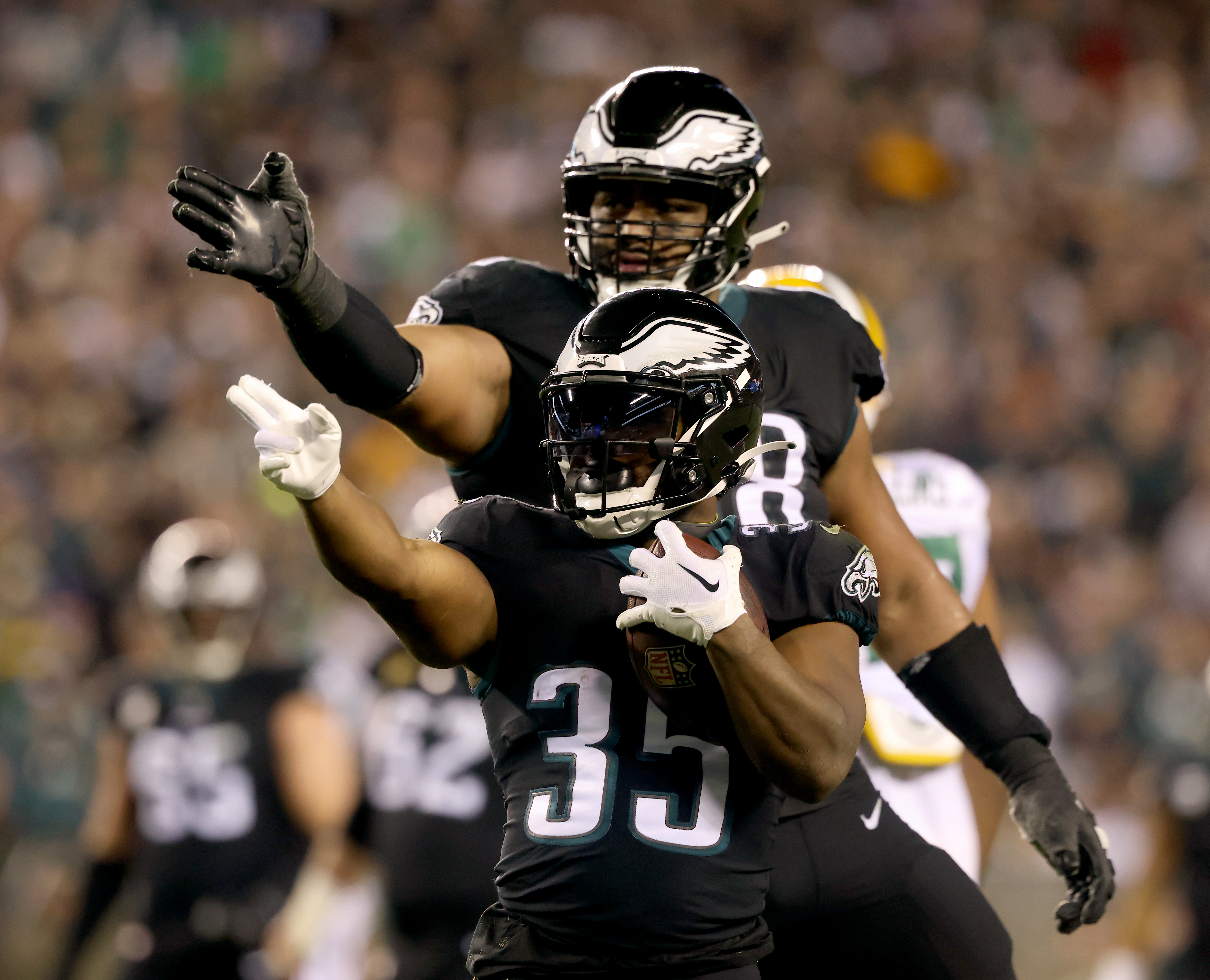 Philadelphia Eagles defensive end Brandon Graham (55) reacts during the NFL  football game against the Green Bay Packers, Sunday, Nov. 27, 2022, in  Philadelphia. (AP Photo/Chris Szagola Stock Photo - Alamy