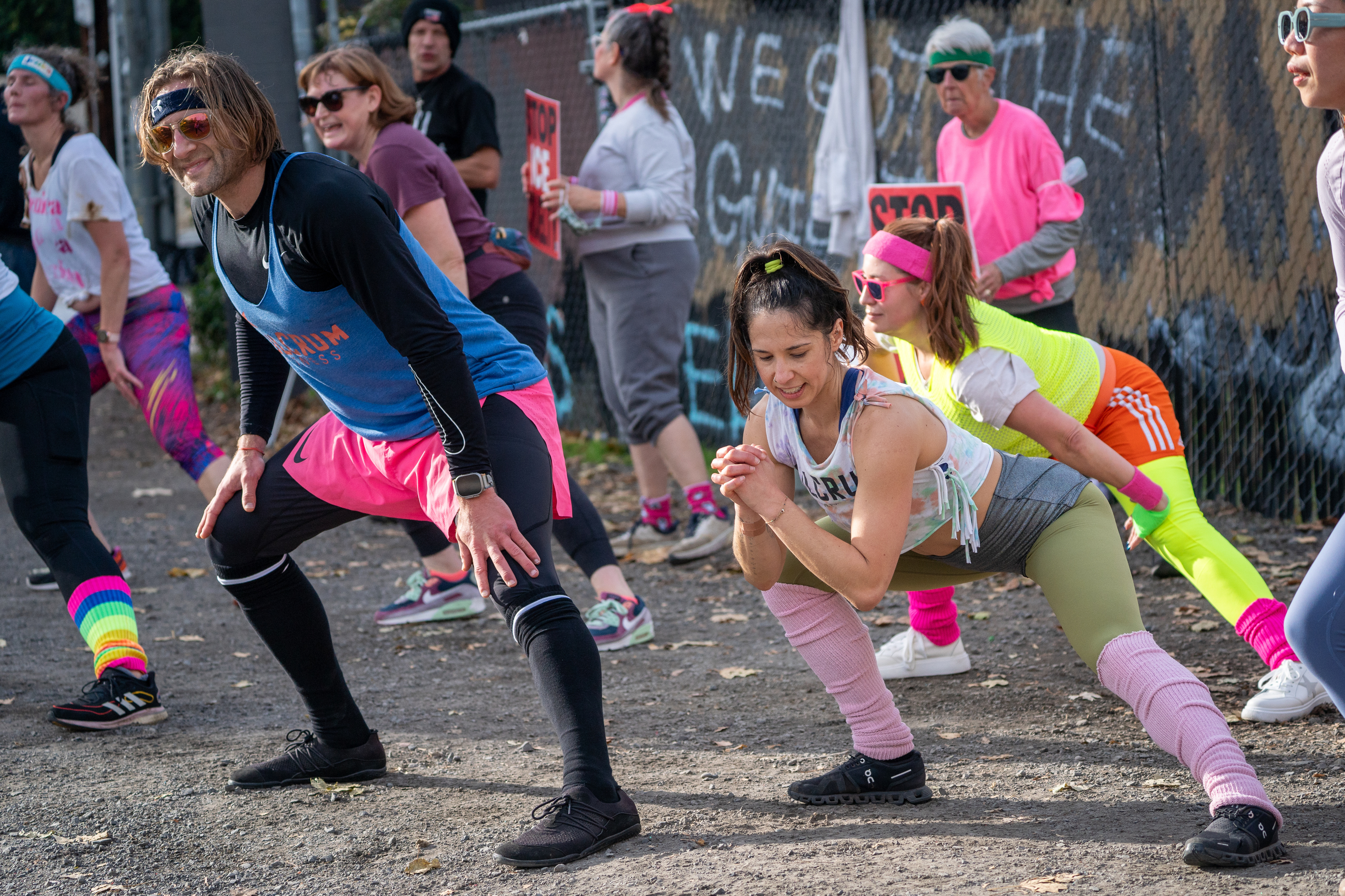Participants in Fulcrum Fitness’s “Sweatin’ Out the Fascists” held an ’80s-aerobics peaceful protest outside the U.S. Immigration and Customs Enforcement (ICE) facility in South Portland on Sunday, Nov. 9, 2025, collecting donations for the Oregon Food Bank.