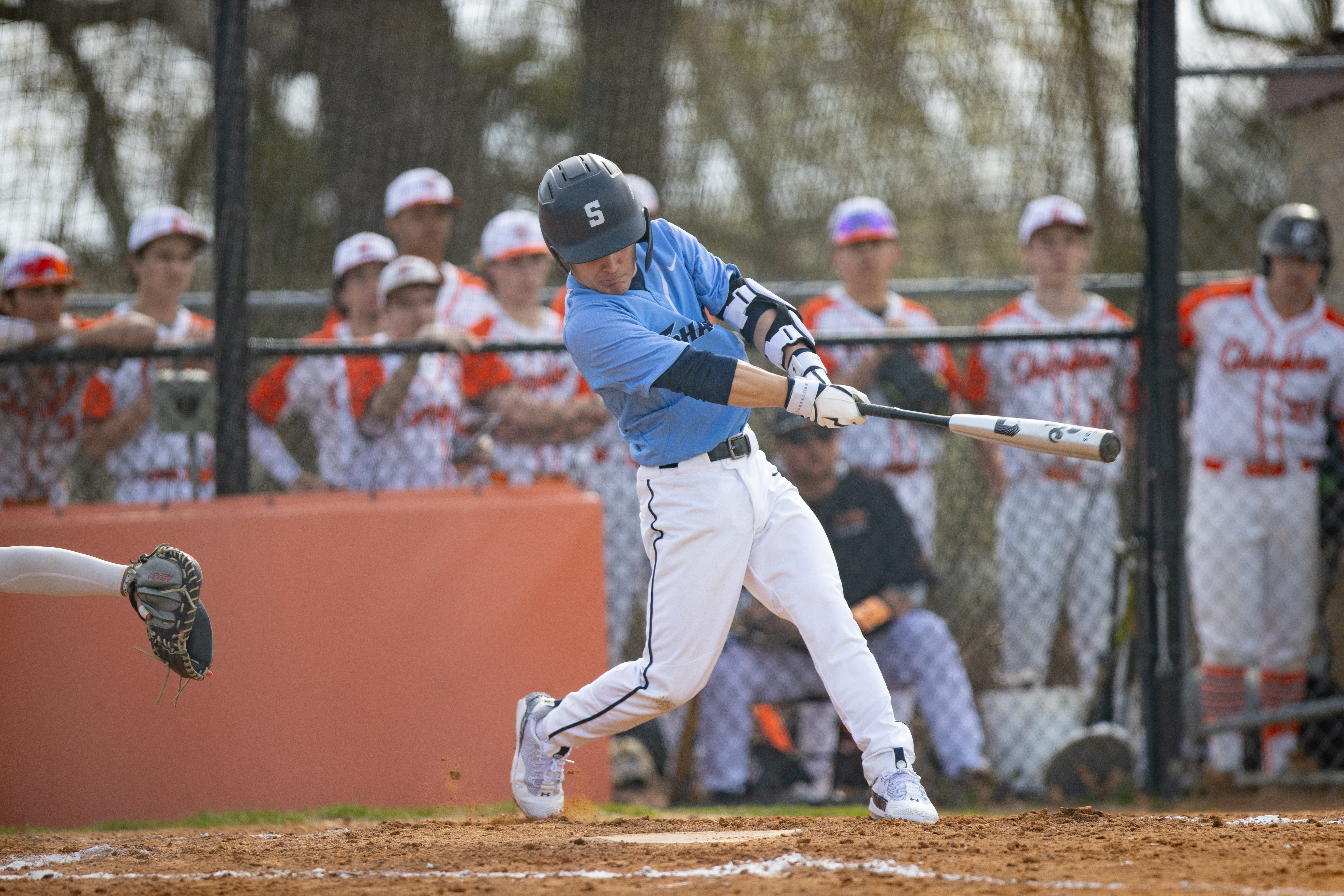 Ben Hudson (4) of Shawnee, connects with the ball for a home run in Marlton, NJ on Monday, April 3, 2023.