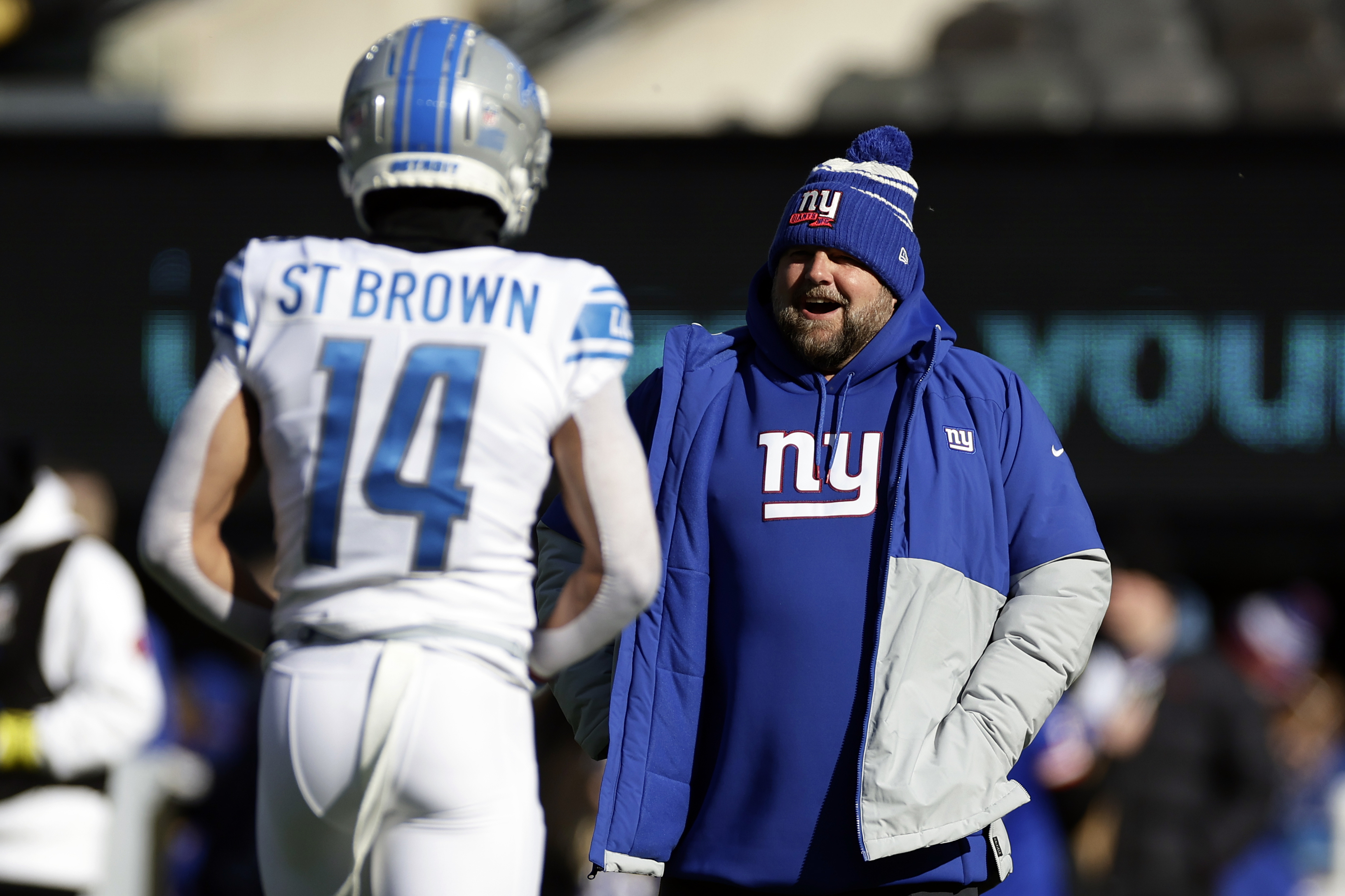 Detroit Lions defensive end Aidan Hutchinson (97) reacts after an  interception against the New York Giants during an NFL football game  Sunday, Nov. 20, 2022, in East Rutherford, N.J. (AP Photo/Adam Hunger