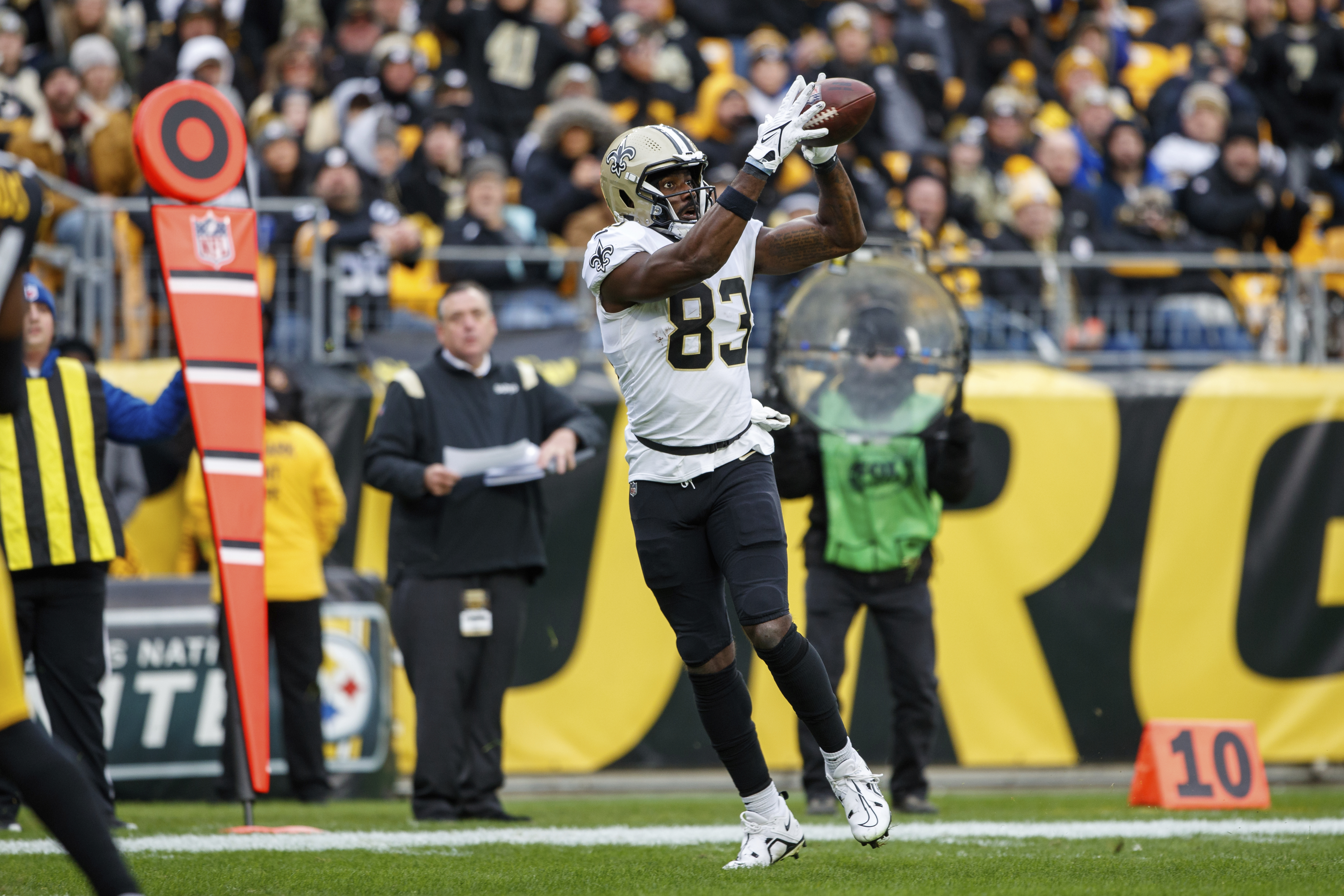 New Orleans Saints tight end Juwan Johnson looks on during the