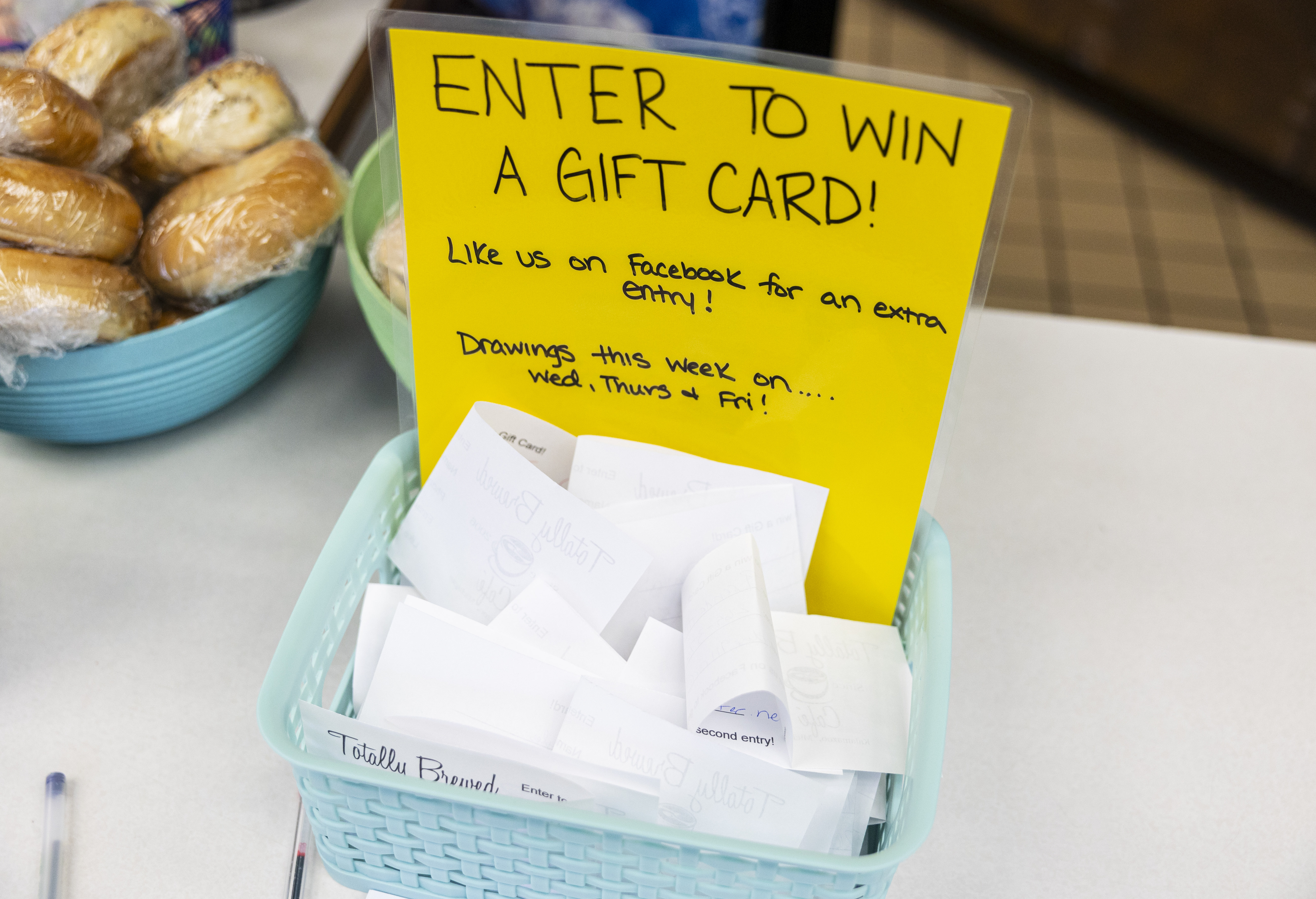 A gift card giveaway box at Totally Brewed Cafe in downtown Kalamazoo, Michigan on Wednesday, Jan. 3, 2024. 