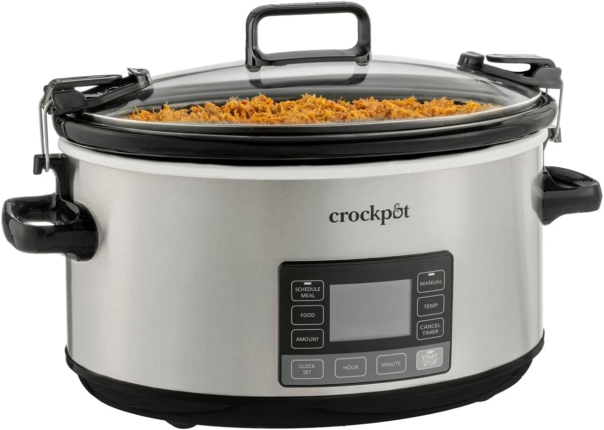Crock-Pot 3.5 Quart Casserole Manual Slow Cooker, Charcoal & Crockpot 8  Quart Slow Cooker with Auto Warm Setting and Cookbook, Black Stainless Steel