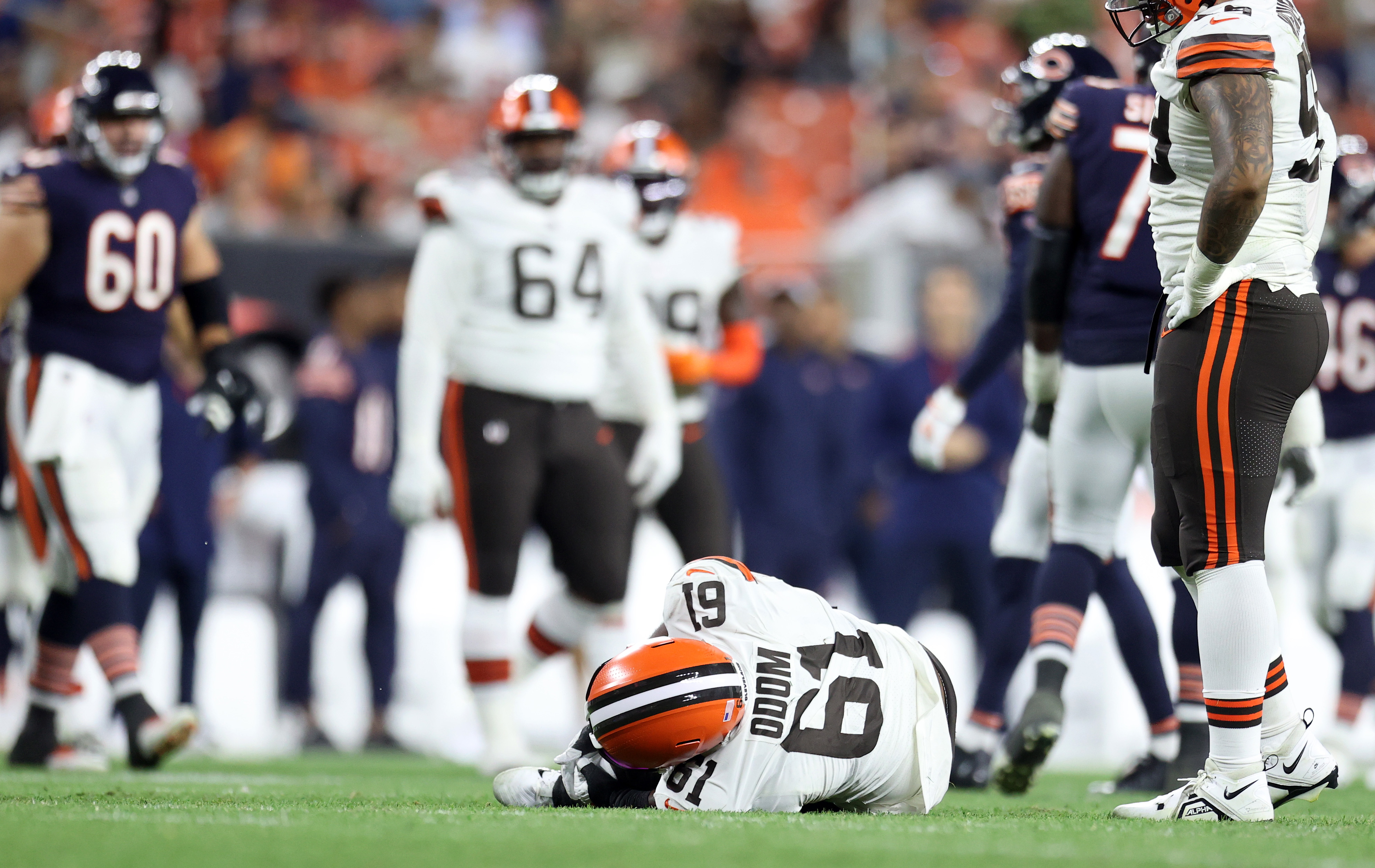 Chicago Bears linebacker Matt Adams (44) runs after the ball during an NFL  preseason football game against the Cleveland Browns, Saturday Aug. 27,  2022, in Cleveland. (AP Photo/Kirk Irwin Stock Photo - Alamy