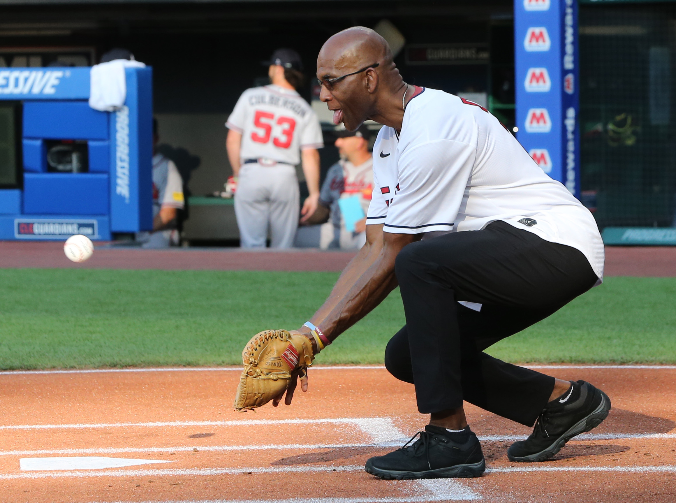 Larry Doby Jr. throws out the ceremonial first pitch before a