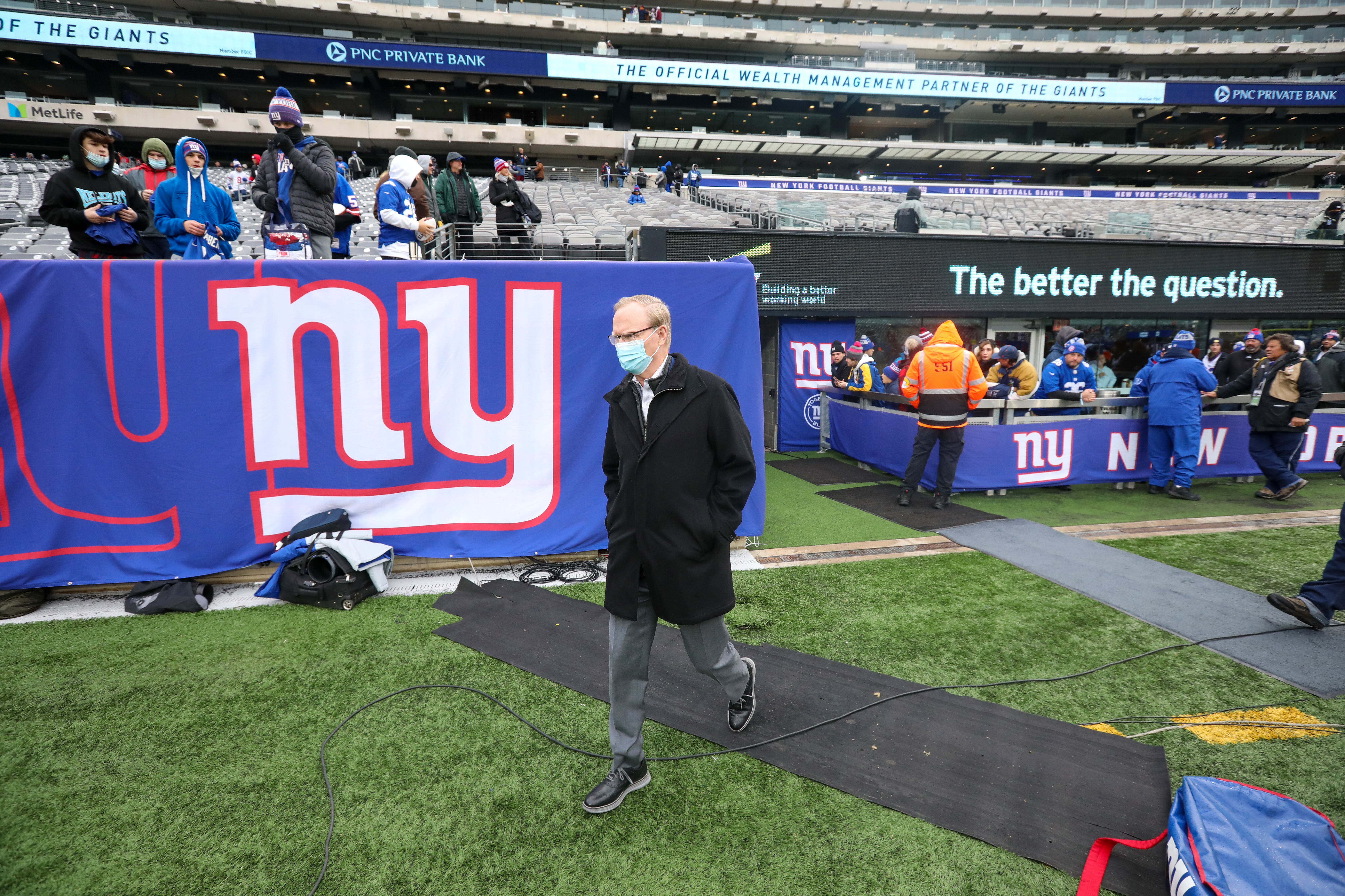 New York Giants owner John Mara walks on the sideline during pregame warmups as the Giants prepare to host the Washington Football Team on Sunday, Jan. 9, 2022 in East Rutherford, N.J.