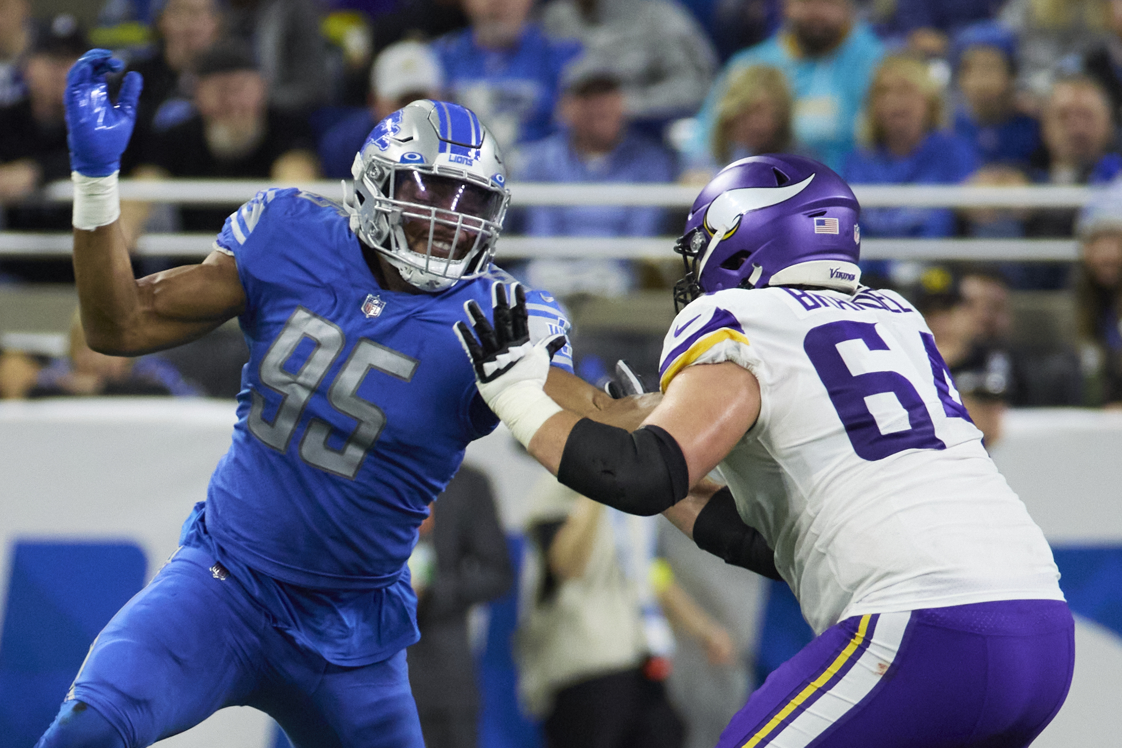 Detroit Lions linebacker Romeo Okwara (95) reacts after a play during the  second half of an NFL preseason football game against the New York Giants,  Friday, Aug. 11, 2023, in Detroit. (AP