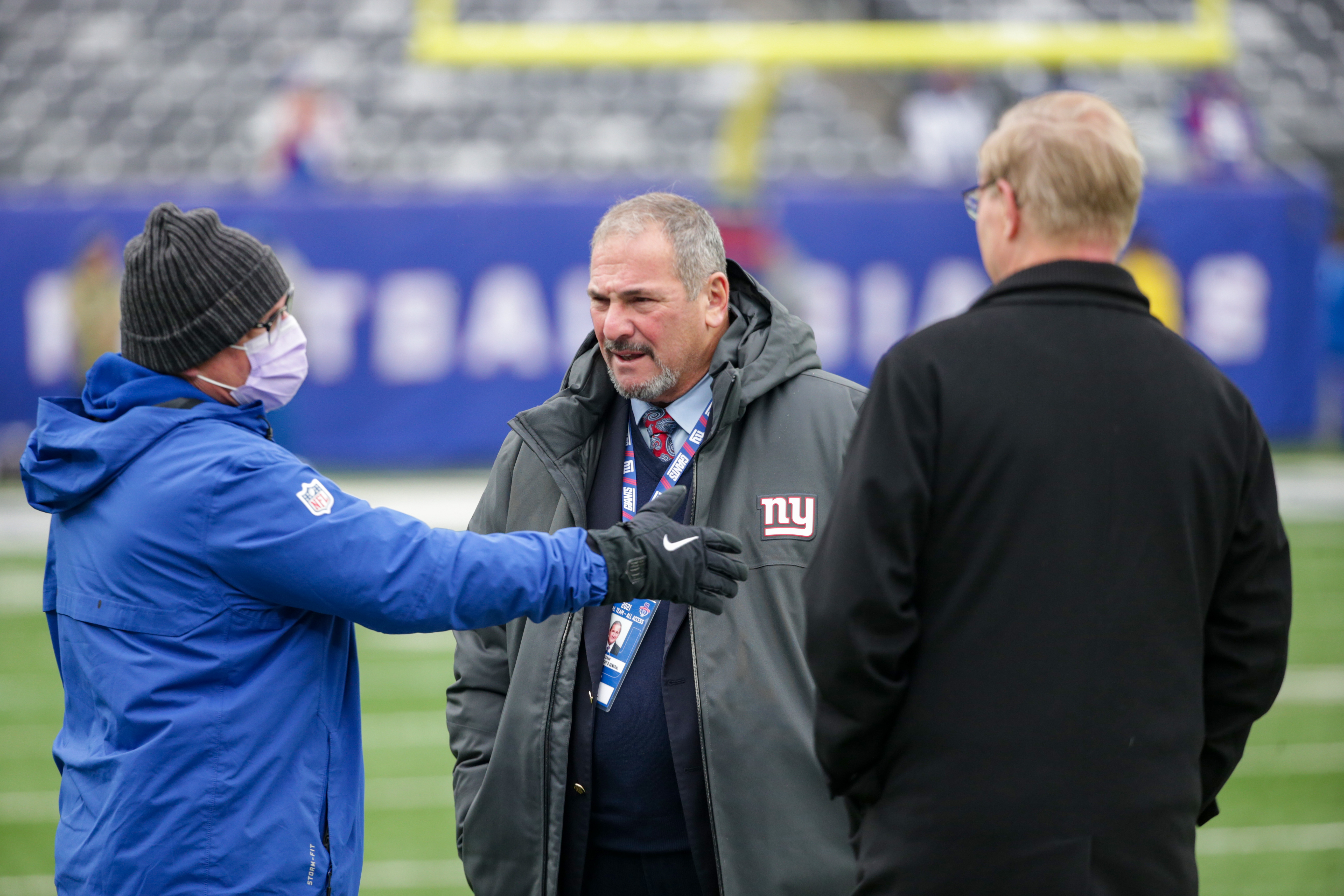 New York Giants VP of Communications Pat Hanlon (l to r) Giants general manager Dave Gettleman and owner John Mara during pregame warmups as the Giants prepare to host the Washington Football Team on Sunday, Jan. 9, 2022 in East Rutherford, N.J.